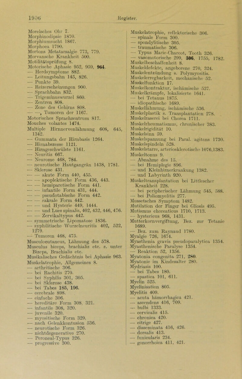 Morelsches Ohr 7. Morphinodipsie 1870. Morphiumsucht ] 867. Morphoea 1790. Mortons Metatarsalgie 773, 779. Morvansche Krankheit 500. Motilitätsprüfung 8. Motorische Aphasie 952, 959, 964. — Herdsymptome 882. — Leitungsbalm 145, 826. — Punkte 39. -— Reizerscheinungen 900. — Sprachbahn 832. — Trigeminuswurzel 860. — Zentren 808. — Zone des Gehirns 808. , Tumoren der 1167. Motorisches Sprachzentrum 817. Mouches volantes 1474. Multiple Hirnnervenlähmung 608, 645, 1342. — Gummata der Hirnbasis 1264. — Hirnabszesse 1121. — Hirngeschwülste 1161. — Neuritis 667. — Neurome 468, 784. — neurotische Hautgangrän 1438, 1781. — Sklerose 431. akute Form 440, 455. apoplektische Form 436, 443. hemiparetische Form 441. infantile Form 431, 444. pseudotabische Form 442. sakrale Form 442. — -— und Hysterie 449, 1444. und Lues spinalis, 402, 432, 446, 476. — — Zervikaltypus 442. — symmetrische Lipomatose 1836. — svphilitische Wurzelneuritis 402, 522, 1279. — Tumoren 468, 475. Musculocutaneus, Lähmung des 578. Musculus biceps, brachialis etc. s. unter Bizeps, Braclüalis etc. Musikalisches Gedächtnis bei Aphasie 963. Muskelatrophie, Allgemeines 8. — arthritische 306. — bei Rachitis 270. — bei Syphilis 301, 305. — bei Sklerose 438. — bei Tabes 185, 196. — cerebrale 898. — einfache 306. — hereditäre Form 308, 321. — infantile 308, 320. — juvenile 320. — myositische Form 329. — nach Gelcnkkontusion 536. — neurotische Form 326. — nichtdegenerativo 270. — Peroneal-Typus 326. — progressive 300. Muskelatrophie, reflektorische 306. — spinale Form 300. — spondylitische 305. — traumatische 306. — Typus Marie-Charcot, Tooth 326. — vasomotorische 299, 306, 1755, 1782. Muskelbeschaffenheit 8. Muskeldefekte, angeborene 270, 324. Muskelentzündung s. Polymyositis. Muskelerregbarkeit, mechanische 52. Muskelfunktion 17. Muskelkontraktur, ischämische 537. Muskelkrämpfe, lokalisierte 1641. — bei Tetanus 1875. ■—• idiopathische 1689. Muskellähmung, ischämische 536. Muskelplastik s. Transplantation 278. Muskelraserei bei Chorea 1711. Muskelrheumatismus, chronischer 383. Muskelrigidität 10. Muskelsinn 59. Muskelspannung bei Paral. agitans 1730. Muskelspindeln 528. Muskelstarre, arteriosklerotische 1076,1383. Muskeltonus 9. —- Abnahme des 15. — bei Hemiplegie 896. — und Kleinhirnerkrankung 1382. — und Labyrinth 920. Muskeltransplantation bei Littleschcr Krankheit 228. — bei peripherischer Lähmung 545, 588. — bei Poliomyelitis 277. Mussetsches Symptom 1482. Mutilation der Fingeir bei Gliosis 495. Mutismus choreatieus 1710, 1713. — hystericus 968, 1431. Mutterkornvergiftung, Bez. zur Tetanie 1689. —■ Bez. zum Raynaud 1780. Myalgie 726, 1674. Myasthenia gravis pseudoparalytica 1354. Myasthenische Paralyse 1354. — Reaktion 52, 1356. Myatonia congenita 271, 280. Myatonie im Kindesalter 280. Mydriasis 100. — bei Tabes 180. — spastica 101, 611. Myelin 525. Myelinisation 805. Myelitis 409. — acuta hämorrhagica 421. — aseendens 416, 709. — bulbi 1333. — cervicalis 415. — chronica 420. — eitrige 427. — disseminata 416, 426. — dorsalis 413. — funicularis 234. — gonorrhoica 411. 421.