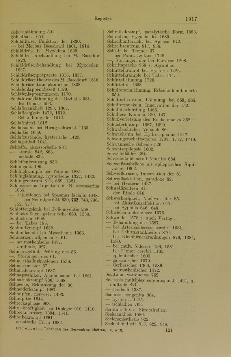 Scherenlähmung 591. Schiefhals 1654. Schilddrüse, Funktion der 1830. — bei Morbus Basedowii 1801, 1814. Schilddrüse bei Myxödem 1829. Schilddrüsenbehandlung bei M. Basedow 1823. Schilddrüsenbehandlung bei Myxoedem 1837. Schilddrüsenpräparate 1816, 1837. SchilddrÜ8entheoric des M. Basedowii 1816. Schilddrüsentransplantation 1838. Schläfenlappenabszeß 1129. Schläfenlappentumoren 1170. Schlafdrucklähmung des Radialis 581. — des Ulnaris 593. Schlafkrankheit 1293, 1307. Schlaflosigkeit 1472, 1512. — Behandlung der 1512. Schlafmittel 1512. Schlafsucht bei Hirngeschwulst 1165. Schlaftic 1659. Sehlafzuständc, hysterische 1420. Schlaganfall 1041. Schleife, akzessorische 837. — laterale 842, 863. — mediale 832. Schleifenkreuzung 832. Schlingakt 106. Schlingkrämpfe bei Tetanus 1881. Schlinglähmung, hysterische 1327, 1432. Schlingzentrum 812, 869, 1321. Schlössersche Injektion in N. acccssorius 1665. — Injektionen bei Spasmus facialis 1648. bei Neuralgie 624, 630, 732. 743, 746, 752, 777. Schlottergelenk bei Poliomyelitis 258. Schluckreflexc, galvanische 660, 1330. Schlucksen 1668. — bei Tabes 185. Schlundkrampf 1652. Schlundsonde bei Myasthenie 1366. Schmerzen, allgemeines 61. — neurasthenische 1477. — zerebrale, 927. Schmerzgefühl, Prüfung des 56. -—. Störungen des 61. Schmcrzhalluzinationen 1536. Schmerzmesser 57. Schmiedekrampf 1687. Schnapstrinker, Alkoholismus bei 1861. Schnarchkrampf 786, 1668. Schnecke, Erkrankung der 86. Schneiderkrampf 1687. Schnupfen, nervöser 1493. Schnupf tic 1644. Schreckaphasie 968. Schreckhaftigkeit bei Diplegie 910, 1110. Schreckneurosen 1394, 1541. Schreibekrampf 1681. — spastische Form 1682. Oppenheim, Lehrbuch der Nervenkrankheiten Schrcibekrampf, paralytische Form 1683. Schreiben, Hygiene des 1685. Schreibunterricht bei Aphasie 972. Schreibzentrum 817, 956. Schrift bei Tremor 37. —- bei Paral. agitans 1729. —■, Störungen der bei Paralyse 1298. Schriftsprache 958 s. Agraphie. Schüttelkrampf bei Hysterie 1423. Schüttelkrämpfe bei Tabes 174. Schüttellähmung 1726. Schütteltic 1658. Schulterarmlähmung, Erbsche kombinierte 559. Schulterluxation, Lähmung bei 559, 565. Schultermuskeln, Innervation der 152. Schulüberbürdung 1466. Schultzes Komma 130, 147. Schuß Verletzung des Rückenmarks 352. Schusterkrampf 1687, 1690. Schwabachscher Versuch 86. Schwachsinn bei Hydrocophalus 1247. Schwangorschaftschorea 1707, 1712, 1719. Schwamische Scheide 526. Schwatzepilcpsie 1602. Schwefelbäder 384. Schwefelkohlenstoff-Neuritis 684. Schweißausbrüche als epileptisches Äqui- valent 1602. Schweißdrüsen, Innervation der 81. Schweißsekretion, paradoxe 82. —- bei Hysterie 1437. Schweißzentren 81. — der Rinde 816. Schwerhörigkeit, Nachweis der 85. — bei Akustikusaffektion 647. — bei Syphilis 646, 648. Schw'ielenkopfschmerz 1575. Schwindel 1578 s. auch Vertigo. — Behandlung des 1587. —• bei Arteriosklerosis cerebri 1581. — bei Gehirnkrankheiten 876. — bei Kleinhirnerkrankungen 876, 1384, 1580. — bei mult. Sklerose 436, 1581. — bei Tumor cerebri 1165. — epileptischer 1600. — galvanischer 1579. —• Gerlierscher 1366, 1586. — neurasthenischer 1472. Sciatique variqueuse 762. Sclerosis multiplex cerebrospinalis 431, s. multiple Ski. — cerebelli 1387. Scoliosis congenita 364. — hysterica 1425. — ischiadica 763. Scrotalreflex s. Skrotalreflex. Seekrankheit 1586. Seelcnanästhesie 922. Seelenblindheit 815, 822, 948. . e. Aufl. 121