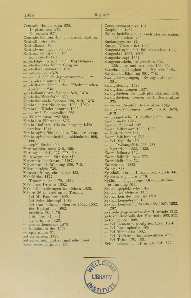 Zentrale Haubenbahn 835. — Implantation 270. •— Schmerzen 927. Zentrales Skotom, 435, 939 s. auch Skotom. Zentralfurcho 795. Zentralkanal 122. Zentralwindungen 795, 808. Zentrum ciliospinalo 139. — anovesicale 140. Zephalalgie 1574, s. auoh Kopfschmerz. Zerebellar-ataktischer Gang 54. Zerebellare Asynergie 1379. — Ataxie 35, 1378. — —- bei Schläfenlappentumoren 1172. — Kinderlähmung 1388. Zerebellarer Typus der Friedreichschcn Krankheit 245. Zerebellonukleäre Bahnen 842, 1375. Zerebello-Olivarbahn 839. Zerebellospinale Bahnen 126, 840, 1375. Zerebrale Arteriosklerose 1035, 1069. Zerebrale Kinderlähmung 1093. — — und Poliomyelitis 268. — Trigeminuswurzel 860. Zerebrales Erbrechen 875. Zerebro-bulbäre Glosso-pharyngo-labial- paralyse 1344. Zerebrospinalflüssigkeit s. Liq. cerebrosp. Zerebrospinalmeningitis, epidemische 986, 1006. — syphilitische 400. Zerrungsblutungen 340, 459. Zerrungsneuritis 527, 558, 603. Zielbewegungen, Sitz der 813. Zigarren wickler krampf 1687. Zigarrenwicklerlähmung 589, 718. Ziliarneuralgie 738. Zinnvergiftung, chronische 432. Zirbeldrüse 1177. — Tumoren der 1178, 1851. Zirkuläres Irresein 1502. Zirkulationsstörungen im Gehirn 1028. Zittern 36 s. auch unter Tremor. — bei M. Basedow 1805. — bei Schreibkrampf 1683. — bei traumatischer Neurose 1544, 1552. — der Epileptiker 1602. — ererbtes 38, 1476. — fibrilläres 37, 307. — hysterisches 1423. — neurasthenisches 1475. — Simulation des 1557. — spastisches 37. Zitterneurosen 1739. Zitterneurose, posttraumatische 1544. Zone sulco-marginalc 126. Zones segmentaires 151. Zoophobie 1521. Zoster facialis 755, s. auch Herpes zoster. — ophthalmicus 753. Zuokungsgesetz 47. Zunge, Neurose der 1588. Zungenatrophie bei Bulbärparalyse 1326. Zungenbiß 1597, 1607. Zungenkrampf 1651. Zungenmuskeln, Allgemeines 103. —, Lähmung und Atrophie 103, 665. Zurechnungsfähigkeit bei Hysterie 1423. Zuscknciderlähmung 591, 718. Zwangsbewegungen, Zwangshaltungen 1-381. Zwangsdenken 1523. Zwangshandlungen 1527. Zwangslachen bei multipler Sklerose 436. Zwangslachcn, -weinen bei Bulbärparalyse 1335. Pseudobulbärparalyse 1349. Zwangsvorstellungen 1402, 1518, 1523, 1673. —, hypnotische Behandlung der 1465. Zweifelsucht 1523. Zweiter Zustand 1421. Zwerchfellkrampf 1299, 1668. — hysterischer 1414. Zwerchfellähmung 555. — bei Myelitis 415. Poliomyelitis 253, 284. —- hysterische 555, 1435. Zwerchfellnerv 152. Zwerchfellphänomen 555. Zwerchfellreflex 72. Zwergwuchs 1833. Zwinge 848. Zyankali, chron. Intoxikation durch 446. Zyanose, regionäre 1776. Zyklische angeborene Okulomotorius- erkrankung 611. Zyste, apoplektische 1041. Zysten des Gehirns 1159. Zystizerken des Gehirns 1231. Zystizorkonopilepsie 1235. Zystizcrkcnmcningitis 405, 468, 1027, 1232, 1282. Zystoide Degeneration der Hirnrinde 1312. Zytoarchitektonik der Hirnrinde 803, 822. Zytodiagnose 1002. — bei Dementia paralytica 1288, 1304. — bei Lucs spinalis 405. — bei Meningitis 1002. — bei Rückenmarksgeschwülsten 477. — bei Tabes 170, 193. Zytohistologic der Hirnrinde 801, 822.