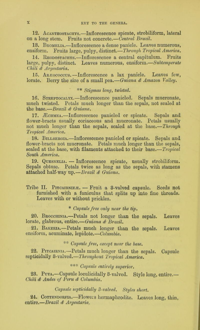 X 12. Acanthostachys.—Inflorescence spicate, strobiliform, lateral on a long stera. Fruits not concrete.—Central Brazil. 18. Bromelia.—Inflorescence a dense panicle. Leaves numerous, ensiform. Fruits large, pulpy, distinct.—Throiujh Tropical America. 14. Ehodostachys.—Inflorescence a central capitulum. Fruits large, pulpy, distinct. Leaves numerous, ensiform.—Subteniperate Chili d Ar(jentaria. 15. Areococcus.—Inflorescence a lax panicle. Leaves few, lorate. Berry the size of a small pea.—Guiana d Amazon Valley, ** Stigmas long, twisted. 16. Streptocalyx.—Inflorescence panicled. Sepals mucronate, much twisted. Petals much longer than the sepals, not scaled at the base.—Brazil d Guiana. 17. iEcHMEA.—Inflorescence panicled or spicate. Sepals and flower-bracts usually coriaceous and mucronate. Petals usually not much longer than the sepals, scaled at the base.—Through Tropical America. 18. Billbergia.—Inflorescence panicled or spicate. Sepals and flower-bracts not mucronate. Petals much longer than the sepals, scaled at the base, with filaments attached to their base.—Tropical South America. 19. Quesnelia. — Inflorescence spicate, usually strobiliform. Sepals obtuse. Petals twice as long as the sepals, with stamens attached half-way up.—Brazil d Guiana. Tribe II. PiTCAiRNiEiE. — Fruit a 3-valved capsule. Seeds not furnished with a funiculus that splits up into fine threads. Leaves with or without prickles. * Capsule free only near the tip. 20. Brocchinia.—Petals not longer than the sepals. Leaves lorate, glabrous, entire.—Guiana d Brazil. 21. Bakeria.—Petals much longer than the sepals. Leaves ensiform, acuminate, lepidote.—Columbia. ** Capsule free, except near the base. 22. PiTCAiRNiA.—Petals much longer than the sepals. Capsule septicidally 3-valved.—Throughout Tropical America. Capsule entirely siqoerior. 28. PuYA.—Capsule loculicidally 3-valved. Style long, entire.— Chili d Andes of Peru d Columbia. Capsule septicidally 3-valved. Styles short. 24. CoTTENDORFiA.—Flowei's hermaphrodite. Leaves long, thin, entire.—Brazil d Argentaria.