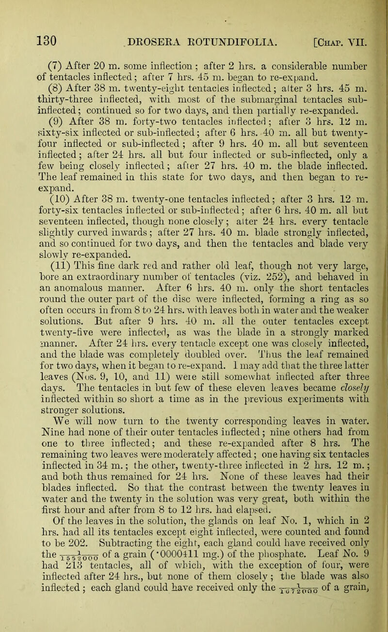 (7) After 20 m. some inflection ; after 2 hrs. a considerable number of tentacles inflected; after 7 hrs. 45 m. began to re-expand. (8) After 38 m. twenty-eight tentacles inflected; alter 3 lirs. 45 m. thirty-three inflected, with most of the submarginal tentacles sub- inflected; continued so for two days, and then partially re-expanded. (9) After 38 m. forty-two tentacles inflected; after 3 hrs. 12 m. sixty-six inflected or sub-inflected; after 6 hrs. 40 m. all but twenty- four inflected or sub-inflected; after 9 hrs. 40 m. all but seventeen inflected; after 24 hrs. all but four inflected or sub-inflected, only a few being closely inflected; after 27 hrs. 40 m. the blade inflected. The leaf remained in this state for two days, and then began to re- expand. (10) After 38 in. twenty-one tentacles inflected; after 3 hrs. 12 m. forty-six tentacles inflected or sub-inflected ; after 6 hrs. 40 m. all but seventeen inflected, though none closely; alter 24 hrs. every tentacle slightly curved inwards; after 27 hrs. 40 m. blade strongly inflected, and so continued for two days, and then the tentacles and blade very slowly re-expanded. (11) This fine dark red and rather old leaf, though not very large, bore an extraordinary number of tentacles (viz. 252), and behaved in an anomalous manner. After 6 hrs. 40 m. only the short tentacles round the outer part of the disc were inflected, forming a ring as so often occurs in from 8 to 24 hrs. with leaves both in water and the weaker solutions. But after 9 hrs. 40 m. all the outer tentacles except twenty-five were inflected, as was the blade in a strongly marked manner. After 24 hrs. every tentacle except one was closely inflected, and the blade was completely doubled over. Thus the leaf remained for two days, when it began to re-expand. 1 may add that the three latter leaves (Nos. 9, 10, and 11) wete still somewhat inflected after three days. The tentacles in but few of these eleven leaves became closely inflected within so short a time as in the previous experiments with stronger solutions. We will now turn to the twenty corresponding leaves in water. Nine had none of their outer tentacles inflected; nine others had from one to three inflected; and these re-expanded after 8 hrs. The remaining two leaves were moderately affected; one having six tentacles inflected in 34 m.; the other, twenty-three inflected in 2 hrs. 12 m.; and both thus remained for 24 hrs. None of these leaves had their blades inflected. So that the contrast between the twenty leaves in water and the twenty in the solution was very great, both within the first hour and after from 8 to 12 hrs. had elapsed. Of the leaves in the solution, the glands on leaf No. 1, which in 2 hrs. had all its tentacles except eight inflected, were counted and found to be 202. Subtracting the eight, each gland could have received only the T5T2000 °f a grain ('0000411 mg.) of the phosphate. Leaf No. 9 had 213 tentacles, all of which, with the exception of four, were inflected after 24 hrs., but none of them closely ; the blade was also inflected ; each gland could have received only the X0T2000 a grain,