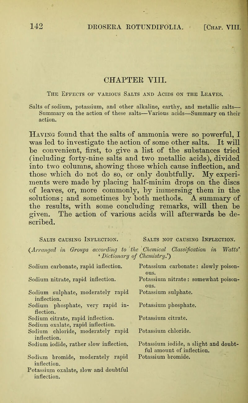 CHAPTER VIII. The Effects of various Salts and Acids on the Leaves. Salts of sodium, potassium, and other alkaline, earthy, and metallic salts— Summary on the action of these salts—Various acids—Summary on their action. Having found that the salts of ammonia were so powerful, I was led to investigate the action of some other salts. It will he convenient, first, to give a list of the substances tried [including forty-nine salts and two metallic acids), divided into two columns, showing those which cause inflection, and those which do not do so, or only doubtfully. My experi- ments were made by placing half-minim drops on the discs of leaves, or, more commonly, by immersing them in the solutions; and sometimes by both methods. A summary of the results, with some concluding remarks, will then be given. The action of various acids will afterwards be de- scribed. Salts causing Inflection. Salts not causing Inflection. {Arranged in Groups according to tlic Chemical Classification in Watts’ ‘ Dictionary of Chemistry.’) Sodium carbonate, rapid inflection. Sodium nitrate, rapid inflection. Sodium sulphate, moderately rapid inflection. Sodium phosphate, very rapid in- flection. Sodium citrate, rapid inflection. Sodium oxalate, rapid inflection. Sodium chloride, moderately rapid inflection. Sodium iodide, rather slow inflection. Sodium bromide, moderately rapid inflection. Potassium oxalate, slow and doubtful inflection. Potassium carbonate : slowly poison- ous. Potassium nitrate : somewhat poison- ous. Potassium sulphate. Potassium phosphate. Potassium citrate. Potassium chloride. Potassium iodide, a slight and doubt- ful amount of inflection. Potassium bromide.