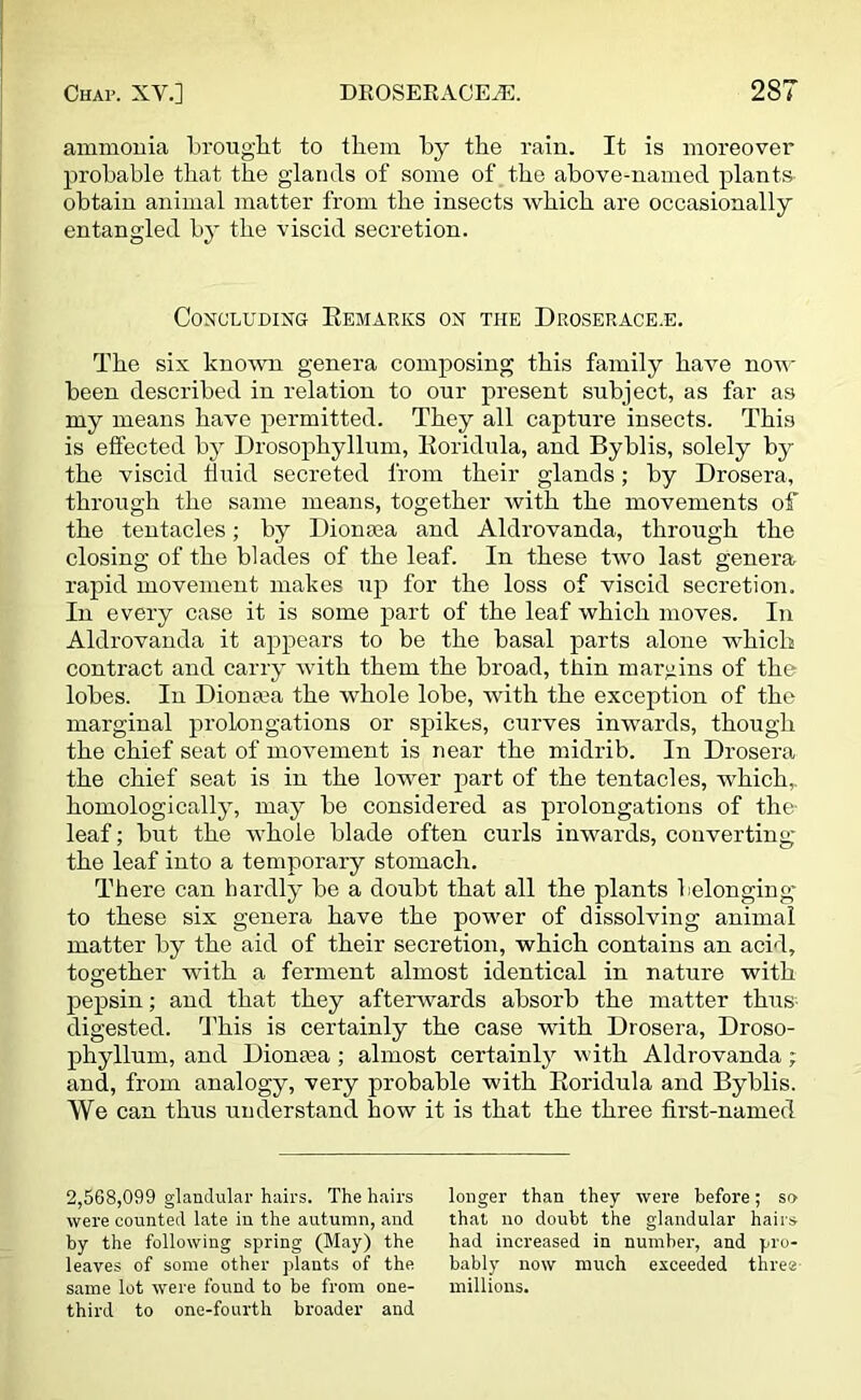 ammonia brought to them by the rain. It is moreover probable that the glands of some of the above-named plants obtain animal matter from the insects which are occasionally entangled by the viscid secretion. Concluding Remarks on the Droserace.e. The six known genera composing this family have now been described in relation to our present subject, as far as my means have permitted. They all capture insects. This is effected by Drosophyllum, Roridula, and Byblis, solely by the viscid fluid secreted from their glands; by Drosera, through the same means, together with the movements of the tentacles; by Dionsea and Aldrovanda, through the closing of the blades of the leaf. In these two last genera rapid movement makes up for the loss of viscid secretion. In every case it is some part of the leaf which moves. In Aldrovanda it appears to be the basal parts alone which contract and carry with them the broad, thin margins of the lobes. In Diona;a the whole lobe, with the exception of the marginal prolongations or spikes, curves inwards, though the chief seat of movement is near the midrib. In Drosera the chief seat is in the lower part of the tentacles, which,, homologically, may be considered as prolongations of the- leaf; but the whole blade often curls inwards, converting the leaf into a temporary stomach. There can hardly be a doubt that all the plants belonging to these six genera have the power of dissolving animal matter by the aid of their secretion, which contains an acid, together with a ferment almost identical in nature with pepsin; and that they afterwards absorb the matter thus digested. This is certainly the case with Drosera, Droso- phyllum, and Dionasa ; almost certainly with Aldrovanda ; and, from analogy, very probable with Roridula and Byblis. We can thus understand how it is that the three first-named 2,568,099 glandular hairs. The hairs were counted late in the autumn, and by the following spring (May) the leaves of some other plants of the same lot were found to be from one- third to one-fourth broader and longer than they were before; so that no doubt the glandular hairs had increased in number, and pro- bably now much exceeded three millions.