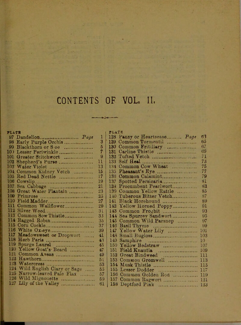 CONTENTS OF VOL II platb 97 Dandelion Page 1 98 Early Purple Orchis 3 99 Blackthorn or S oe 5 10) Leaser Periwinkle 7 101 Greater Stitchwort 9 102 8hepherd’s Purse 11 103 Water Violet 13 104 Common Kidney Vetch 15 105 Red Dead Nettle 17 106 Cowslip 19 107 Sea Cabbage 21 108 Great Water Plantain 23 109 Primrose 25 110 Field Madder 27 111 Common Wallflower 29 112 Silyer Weed 31 113 Common Sow Thistle 33 114 Ragged Robin 35 115 Corn Cookie 37 116 White Ox-eye 39 117 Meadowsweet or Dropwort 41 118 Herb Paris 43 119 Spurge Laurel 45 120 Yellow Goat's Beard 47 121 Common Aveus 49 122 Hawthorn 51 123 Watercress 63 12t Wild English Clary or Sage 65 125 Narrow-leaved Palo Flax 57 126 Wild Mignonette 69 127 Lily of the Valley 61 PLATE 128 Pansy or Heartsease Page 63 129 Common Tormentil 65 130 Common Fritillary 67 131 Carline Thistle 69 132 Tufted Vetch 71 133 Self Heal 73 134 Common Cow Wheat 75 135 Pheasant’s Eye 77 138 Common Calamint 79 137 Spotted Persicaria 81 133 Procumbent Pearlwort 83 139 Common Yellow Rattle 85 110 Tuberous Bitter Vetch 87 141 Black Horehound 89 142 Yellow Horned Poppy 91 143 Common Frogbit 93 144 Sea 8purrev Sandwort 95 145 Common Wild Parsnep 97 146 Basil Thyme 99 147 Yellow Water Lily 101 148 Small Bugloss 103 149 Samphire 10 150 Yellow Bedstraw 107 151 Field Kuautia 109 152 Great Bindweed Ill 153 Comroou Gromwell 113 154 Musk Thistle 115 155 Lesser Dodder 117 158 Common Goldeu Rod 119 157 Common Ragwort 121 158 Deptford Pink 123