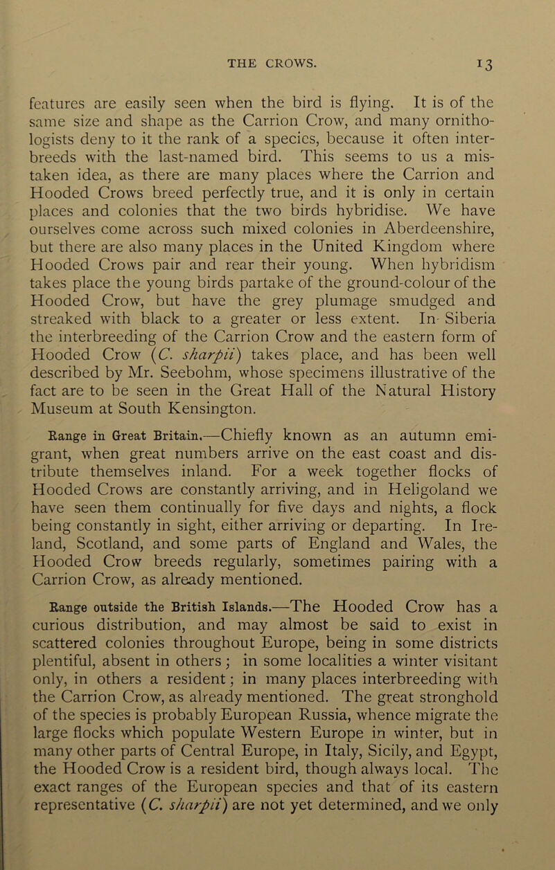 features are easily seen when the bird is flying. It is of the same size and shape as the Carrion Crow, and many ornitho- logists deny to it the rank of a species, because it often inter- breeds with the last-named bird. This seems to us a mis- taken idea, as there are many places where the Carrion and Hooded Crows breed perfectly true, and it is only in certain places and colonies that the two birds hybridise. We have ourselves come across such mixed colonies in Aberdeenshire, but there are also many places in the United Kingdom where Hooded Crows pair and rear their young. When hybridism takes place the young birds partake of the ground-colour of the Hooded Crow, but have the grey plumage smudged and streaked with black to a greater or less extent. In- Siberia the interbreeding of the Carrion Crow and the eastern form of Hooded Crow (C. sharpii) takes place, and has been well described by Mr. Seebohm, whose specimens illustrative of the fact are to be seen in the Great Hall of the Natural History Museum at South Kensington. Range in Great Britain.—Chiefly known as an autumn emi- grant, when great numbers arrive on the east coast and dis- tribute themselves inland. For a week together flocks of Hooded Crows are constantly arriving, and in Heligoland we have seen them continually for five days and nights, a flock being constantly in sight, either arriving or departing. In Ire- land, Scotland, and some parts of England and Wales, the Hooded Crow breeds regularly, sometimes pairing with a Carrion Crow, as already mentioned. Range outside the British Islands.—The Hooded Crow has a curious distribution, and may almost be said to exist in scattered colonies throughout Europe, being in some districts plentiful, absent in others; in some localities a winter visitant only, in others a resident; in many places interbreeding with the Carrion Crow, as already mentioned. The great stronghold ■ of the species is probably European Russia, whence migrate the large flocks which populate Western Europe in winter, but in many other parts of Central Europe, in Italy, Sicily, and Egypt, the Hooded Crow is a resident bird, though always local. The ' exact ranges of the European species and that of its eastern ■' representative {C. sharpii) are not yet determined, and we only