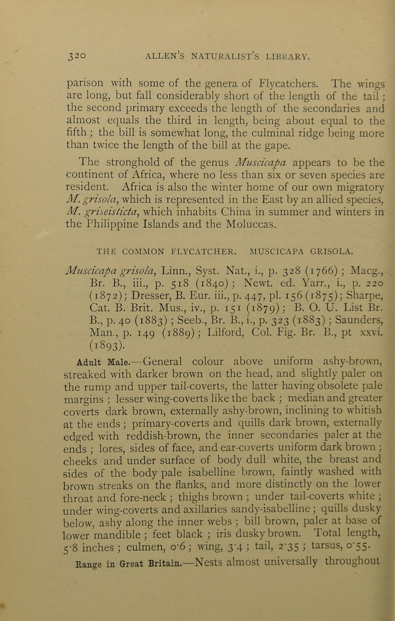 parison with some of the genera of Flycatchers. The wings are long, but fall considerably short of the length of the tail; the second primary exceeds the length of the secondaries and almost equals the third in length, being about equal to the fifth; the bill is somewhat long, the culminal ridge being more than twice the length of the bill at the gape. The stronghold of the genus Muscicapa appears to be the continent of Africa, where no less than six or seven species are resident. Africa is also the winter home of our own migratory M. grisola, which is represented in the East by an allied species, M. griseisiicta, which inhabits China in summer and winters in the Philippine Islands and the Moluccas. THE COMMON FLYCATCHER. MUSCICAPA GRISOLA. Muscicapa grisola, Linn., Syst. Nat., i., p. 328 (1766); Macg., Br. B., iii., p. 518 (1840) ; Newt. ed. Yarn, i., p. 220 (1872): Dresser, B. Eur. iii., p. 447, pi. 1156 (187 O; Sharpe, Cat. B. Brit. Mus., iv., p. 151 (1879); B. O. U. List Br. B., p. 40 (1883) ; Seeb., Br. B., i., p. 323 (1883) ; Saunders, Man., p. 149 (1889); Lilford, Col. Fig. Br. B., pt xxvi. (1893). Adult Male.—General colour above uniform ashy-brown, streaked with darker brown on the head, and slightly paler on the rump and upper tail-coverts, the latter having obsolete pale margins ; lesser wing-coverts like the back ; median and greater coverts dark brown, externally ashy-brown, inclining to whitish at the ends; primary-coverts and quills dark brown, externally edged with reddish-brown, the inner secondaries paler at the ends j lores, sides of face, and ear-coverts uniform dark brown ; cheeks and under surface of body dull white, the breast and sides of the body pale isabelline brown, faintly washed with brown streaks on the flanks, and more distinctly on the lower throat and fore-neck ; thighs brown ; under tail-coverts white ; under wing-coverts and axillaries sandy-isabelline ; quills dusky below, ashy along the inner webs ; bill brown, paler at base of lower mandible; feet black ; iris dusky brown. Total length, 5-8 inches ; culmen, o*6; wing, 3’4 ; tail, 2-35 ; tarsus, o'55. Range in Great Britain.—Nests almost universally throughout