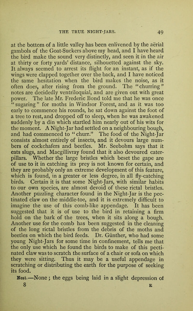 at the bottom of a little valley has been enlivened by the aerial gambols of the Goat-Suckers above my head, and I have heard the bird make the sound very distinctly, and seen it in the air at thirty or forty yards’ distance, silhouetted against the sky. It always seemed to arrest its flight for an instant, as if the wings were clapped together over the back, and I have noticed the same hesitation when the bird makes the noise, as it often does, after rising from the ground. The “ churring ” notes are decidedly ventriloquial, and are given out with great power. The late Mr. Frederic Bond told me that he was once “sugaring” for moths in Windsor Forest, and as it was too early to commence his rounds, he sat down against the foot of a tree to rest, and dropped off to sleep, when he was awakened suddenly by a din which startled him nearly out of his wits for the moment. A Night-Jar had settled on a neighbouring bough, and had commenced to “ churr.” The food of the Night-Jar consists almost entirely of insects, and it devours large num- bers of cockchafers and beetles. Mr. Seebohm says that it eats slugs, and Macgillivray found that it also devoured cater- pillars. Whether the large bristles which beset the gape are of use to it in catching its prey is not known for certain, and they are probably only an extreme development of this feature, which is found, in a greater or less degree, in all fly-catching birds. Certain it is that some Night-Jars, with similar habits to our own species, are almost devoid of these rictal bristles. Another puzzling character found in the Night-Jar is the pec- tinated claw on the middle-toe, and it is extremely difficult to imagine the use of this comb-like appendage. It has been suggested that it is of use to the bird in retaining a firm hold on the bark of the trees, when it sits along a bough. Another use for the comb has been suggested in the cleaning of the long rictal bristles from the debris of the moths and beetles on which the bird feeds. Dr. Gunther, who had some young Night-Jars for some time in confinement, tells me that the only use which he found the birds to make of this pecti- nated claw was to scratch the surface of a chair or sofa on which they were sitting. Thus it may be a useful appendage in scratching or distributing the earth for the purpose of seeking its food. Nest.—None; the eggs being laid in a slight depression of 8 E