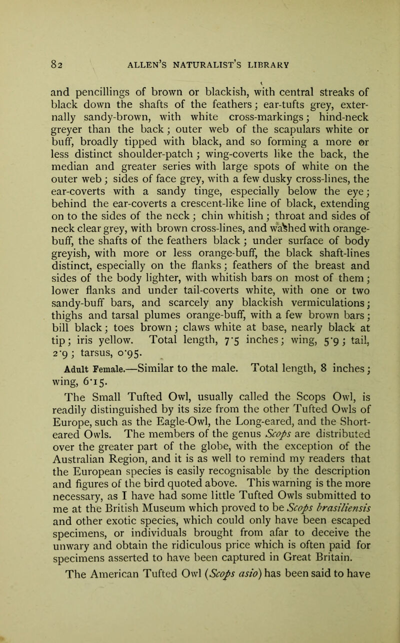 and pencillings of brown or blackish, with central streaks of black down the shafts of the feathers; ear-tufts grey, exter- nally sandy-brown, with white cross-markings; hind-neck greyer than the back; outer web of the scapulars white or buff, broadly tipped with black, and so forming a more or less distinct shoulder-patch ; wing-coverts like the back, the median and greater series with large spots of white on the outer web ; sides of face grey, with a few dusky cross-lines, the ear-coverts with a sandy tinge, especially below the eye; behind the ear-coverts a crescent-like line of black, extending on to the sides of the neck; chin whitish; throat and sides of neck clear grey, with brown cross-lines, and washed with orange- buff, the shafts of the feathers black ; under surface of body greyish, with more or less orange-buff, the black shaft-lines distinct, especially on the flanks; feathers of the breast and sides of the body lighter, with whitish bars on most of them; lower flanks and under tail-coverts white, with one or two sandy-buff bars, and scarcely any blackish vermiculations; thighs and tarsal plumes orange-buff, with a few brown bars; bill black; toes brown; claws white at base, nearly black at tip; iris yellow. Total length, 7-5 inches; wing, 5-9; tail, 2’9 ; tarsus, 0*95. Adult Female.—Similar to the male. Total length, 8 inches; wing, 6*15. The Small Tufted Owl, usually called the Scops Owl, is readily distinguished by its size from the other Tufted Owls of Europe, such as the Eagle-Owl, the Long-eared, and the Short- eared Owls. The members of the genus Scops are distributed over the greater part of the globe, with the exception of the Australian Region, and it is as well to remind my readers that the European species is easily recognisable by the description and figures of the bird quoted above. This warning is the more necessary, as I have had some little Tufted Owls submitted to me at the British Museum which proved to be Scops brasiliensis and other exotic species, which could only have been escaped specimens, or individuals brought from afar to deceive the unwary and obtain the ridiculous price which is often paid for specimens asserted to have been captured in Great Britain. The American Tufted Owl {Scops asio) has been said to have