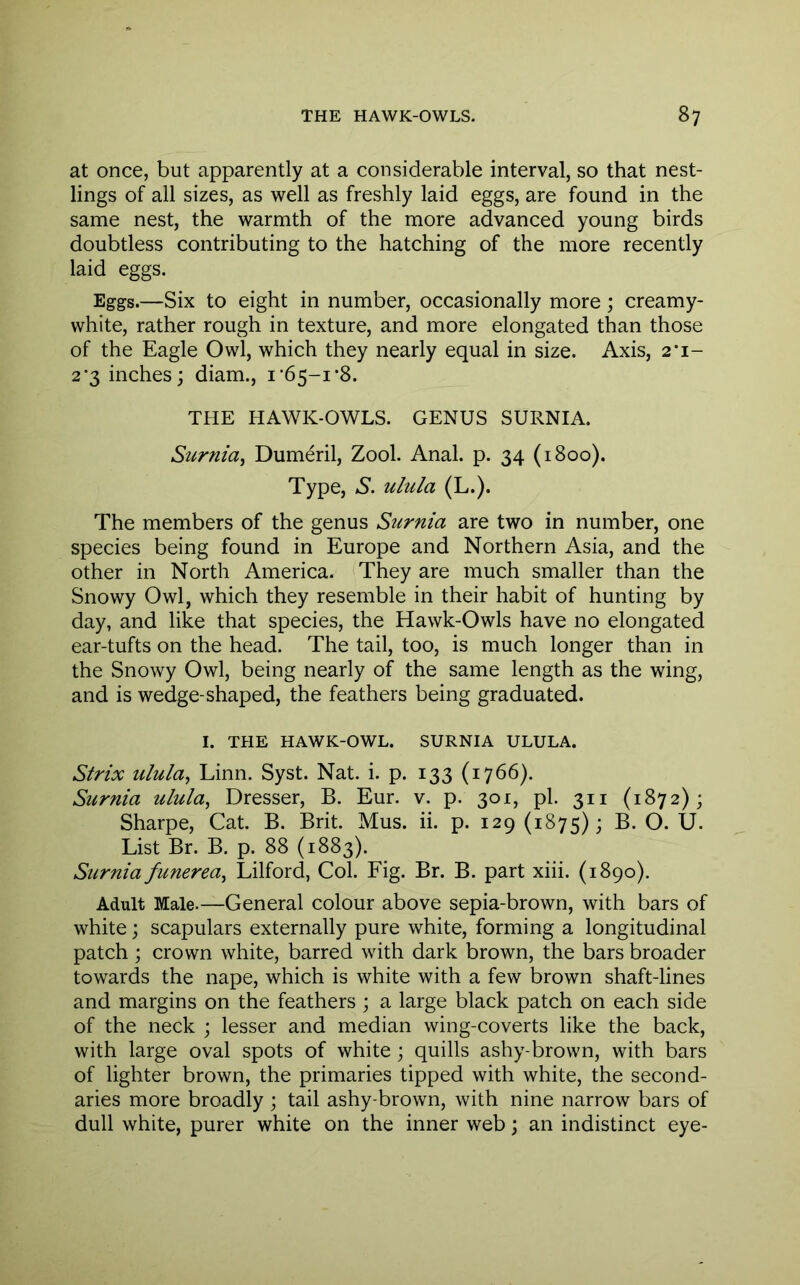 at once, but apparently at a considerable interval, so that nest- lings of all sizes, as well as freshly laid eggs, are found in the same nest, the warmth of the more advanced young birds doubtless contributing to the hatching of the more recently laid eggs. Eggs.—Six to eight in number, occasionally more ; creamy- white, rather rough in texture, and more elongated than those of the Eagle Owl, which they nearly equal in size. Axis, 2’i- 2'3 inches; diam., i•65-1 *8. THE HAWK-OWLS. GENUS SURNIA. Surnia, Dumeril, Zool. Anal. p. 34 (1800). Type, S. ulula (L.). The members of the genus Surnia are two in number, one species being found in Europe and Northern Asia, and the other in North America. They are much smaller than the Snowy Owl, which they resemble in their habit of hunting by day, and like that species, the Hawk-Owls have no elongated ear-tufts on the head. The tail, too, is much longer than in the Snowy Owl, being nearly of the same length as the wing, and is wedge-shaped, the feathers being graduated. I. THE HAWK-OWL. SURNIA ULULA. Strix ulula^ Linn. Syst. Nat. i. p. 133 (1766). Surnia ulula^ Dresser, B. Eur. v. p. 301, pi. 311 (1872); Sharpe, Cat. B. Brit. Mus. ii. p. 129 (1875); B. O. U. List Br. B. p. 88 (1883). Surnia funerea^ Lilford, Col. Fig. Br. B. part xiii. (1890). Adult Male.—General colour above sepia-brown, with bars of white; scapulars externally pure white, forming a longitudinal patch; crown white, barred with dark brown, the bars broader towards the nape, which is white with a few brown shaft-lines and margins on the feathers ; a large black patch on each side of the neck ; lesser and median wing-coverts like the back, with large oval spots of white ; quills ashy-brown, with bars of lighter brown, the primaries tipped with white, the second- aries more broadly ; tail ashy-brown, with nine narrow bars of dull white, purer white on the inner web; an indistinct eye-