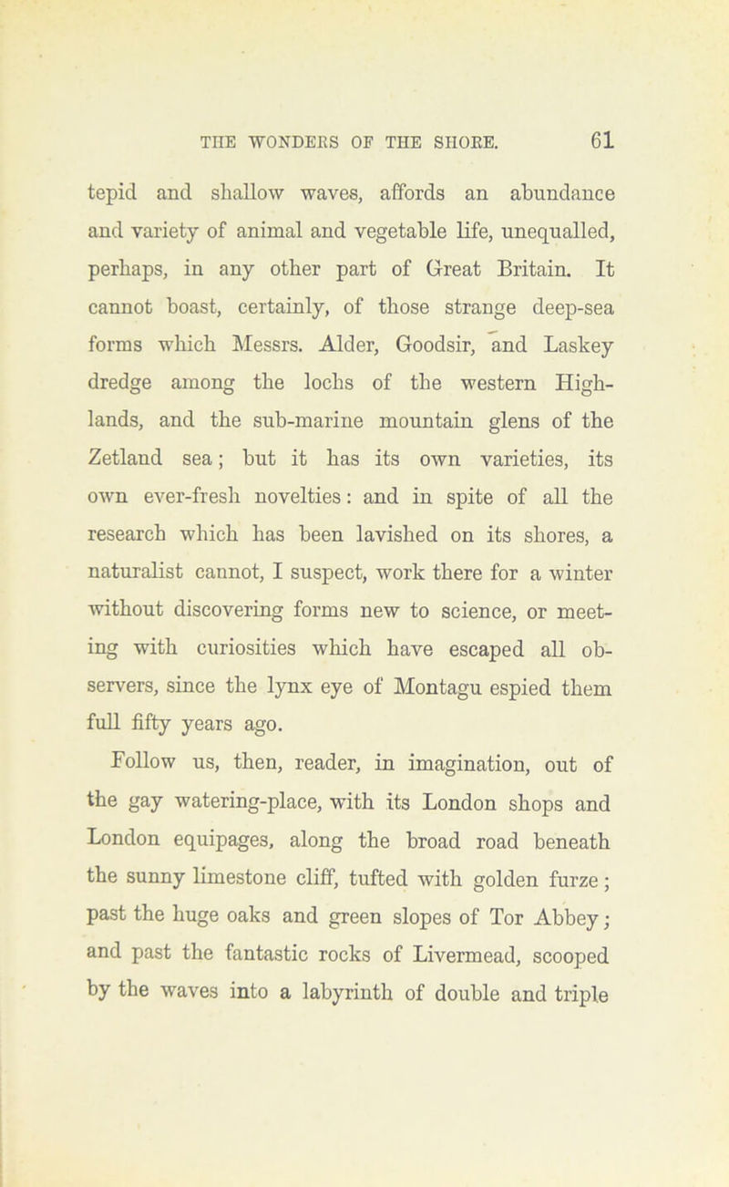 tepid and shallow waves, affords an abundance and variety of animal and vegetable life, unequalled, perhaps, in any other part of Great Britain. It cannot boast, certainly, of those strange deep-sea forms which Messrs. Alder, Goodsir, and Laskey dredge among the lochs of the western High- lands, and the sub-marine mountain glens of the Zetland sea; but it has its own varieties, its own ever-fresh novelties: and in spite of all the research which has been lavished on its shores, a naturaKst cannot, I suspect, work there for a winter without discovering forms new to science, or meet- ing with curiosities which have escaped all ob- servers, since the lynx eye of Montagu espied them full fifty years ago. Follow us, then, reader, in imagination, out of the gay watering-place, with its London shops and London equipages, along the broad road beneath the sunny limestone cliff, tufted with golden furze; past the huge oaks and green slopes of Tor Abbey; and past the fantastic rocks of Livermead, scooped by the waves into a labyrinth of double and triple