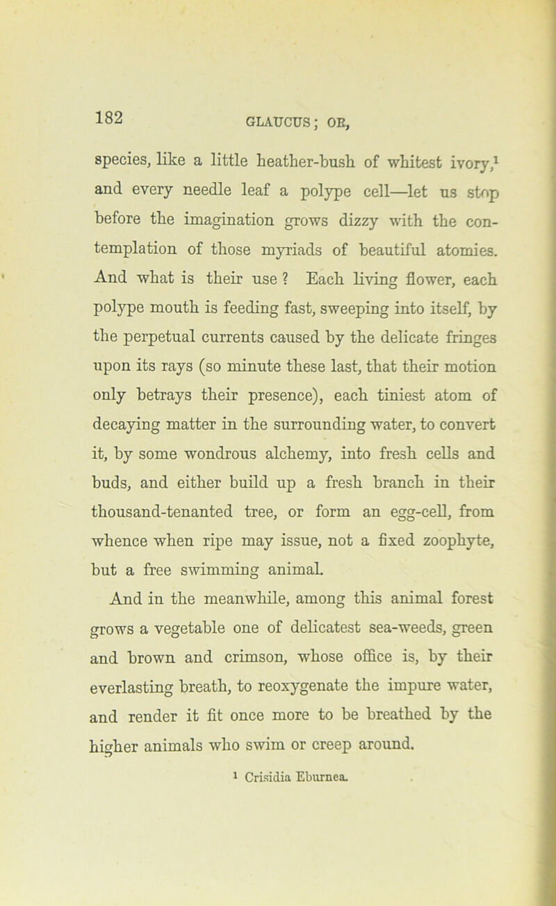 species, like a little heather-bush of whitest ivory,^ and every needle leaf a polype cell—^let ns stop before the imagination grows dizzy with the con- templation of those myriads of beautiful atomies. And what is their use ? Each living flower, each polype mouth is feeding fast, sweeping into itself, by the perpetual currents caused by the delica-te fringes upon its rays (so minute these last, that their motion only betrays their presence), each tiniest atom of decaying matter in the surrounding water, to convert it, by some wondrous alchemy, into fresh cells and buds, and either build up a fresh branch in their thousand-tenanted tree, or form an egg-cell, from whence when ripe may issue, not a fixed zoophyte, but a free swimming animal. And in the meanwhile, among this animal forest grows a vegetable one of delicatest sea-weeds, green and brown and crimson, whose ofiSice is, by then- everlasting breath, to reoxygenate the impure water, and render it fit once more to be breathed by the higher animals who swim or creep around. 1 Crisidia Ebiirnea.