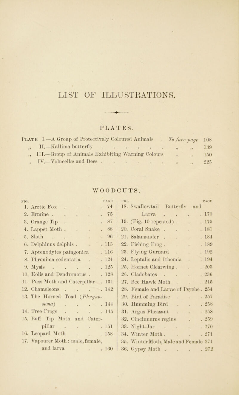 LIST OF ILLUSTRATIONS PLATES. Plate I.—A Group of Protectively Coloured Animals . To face pa-qe 108 ,, II.—Kallima butterfly „ 1H9 ,, III,—Group of Animals Exhibiting Warning Colours .. .. 150 „ IV.—Volucelhe and Bees „ „ 225 WOODCUTS. FIG. PAGE FIG. PAGE 1. Arctic Fox 74 18. Swallowtail Butterfly and 2. Ermine . 75 Larva .... 170 8. Orange Tip 87 19. (Fig. 10 repeated) . 175 4. Lappet Motli . 88 20. Coral Snake .... 181 5. Sloth . 96 21. Salamander .... 184 (i. Delphinus delphis . 115 22. Fishing Frog .... 189 7. Aptenodytes patagonica 116 28. Flying Gurnard 192 8. Plironima sedentaria 124 24. Lcptalis and Ithomia 194 9. Mysis . . . . . 125 25. Hornet Clearwing . 208 10. Eolis and Dendronotus . 128 26. Cladobates .... 286 11. Puss Moth and Caterpillar . 184 27. Bee Hawk Moth 245 12. Chameleons . 142 28. Female and Larva) of Psyche. 254 18. The Horned Toad (Phryno- 29. Bird of Paradise 251 soma) . . . . 144 80. Humming Bird 258 14. Tree Frogs . 145 81. Argus Pheasant 258 15. Buff Tip Moth and Cater- 82. Cincinnurus regius 259 pillar . 151 88. Night-Jar . 270 1(5. Leopard Moth 158 84. Winter Moth .... 271 17. Vapourer Moth : male, female, 85. Winter Moth, Male and Female 271 and larva 160 86. Gypsy Moth , 272