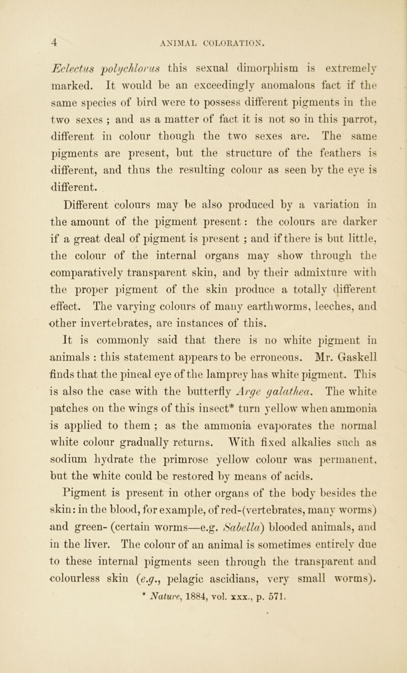 Eclectics polychlorus this sexual dimorphism is extremely marked. It would be an exceedingly anomalous fact if the same species of bird were to possess different pigments in the two sexes ; and as a matter of fact it is not so in this parrot, different in colour though the two sexes are. The same pigments are present, but the structure of the feathers is different, and thus the resulting colour as seen by the eye is different. Different colours may be also produced by a variation in the amount of the pigment present: the colours are darker if a great deal of pigment is present ; and if there is but little, the colour of the internal organs may show through the comparatively transparent skin, and by their admixture with the proper pigment of the skin produce a totally different effect. The varying colours of many earthworms, leeches, and other invertebrates, are instances of this. It is commonly said that there is no white pigment in animals : this statement appears to be erroneous. Mr. Gaskell finds that the pineal eye of the lamprey has white pigment. This is also the case with the butterfly Arge galathea. The white patches on the wings of this insect* turn yellow when ammonia is applied to them ; as the ammonia evaporates the normal white colour gradually returns. With fixed alkalies such as sodium hydrate the primrose yellow colour was permanent, but the white could be restored by means of acids. Pigment is present in other organs of the body besides the skin: in the blood, for example, of red-(vertebrates, many worms) and green- (certain worms—e.g. Sabella) blooded animals, and in the liver. The colour of an animal is sometimes entirelv due to these internal pigments seen through the transparent and colourless skin (e.g., pelagic ascidians, very small worms). * Nature, 1884, vol. xxx., p. 571.