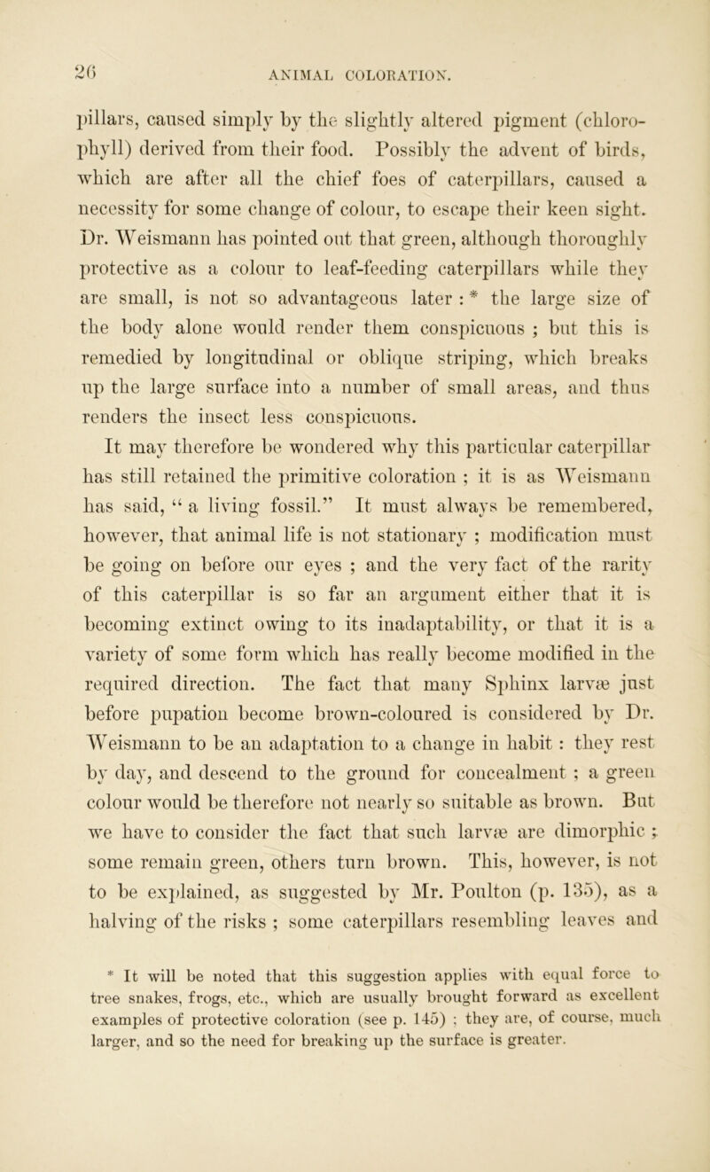 pillars, caused simply by the slightly altered pigment (chloro- phyll) derived from their food. Possibly the advent of birds, which are after all the chief foes of caterpillars, caused a necessity for some change of colour, to escape their keen sight. Dr. Weismann has pointed out that green, although thoroughly protective as a colour to leaf-feeding caterpillars while they are small, is not so advantageous later : * the large size of the body alone would render them conspicuous ; but this is remedied by longitudinal or oblique striping, which breaks up the large surface into a number of small areas, and thus renders the insect less conspicuous. It may therefore be wondered why this particular caterpillar has still retained the primitive coloration ; it is as Weismann has said, “ a living fossil.” It must always be remembered, however, that animal life is not stationary ; modification must be going on before our eyes ; and the very fact of the rarity of this caterpillar is so far an argument either that it is becoming extinct owing to its inadaptability, or that it is a variety of some form which has really become modified in the required direction. The fact that many Sphinx larvae just before pupation become brown-coloured is considered by Dr. Weismann to be an adaptation to a change in habit : they rest by day, and descend to the ground for concealment ; a green colour would be therefore not nearly so suitable as brown. But we have to consider the fact that such larvae are dimorphic ; some remain green, others turn brown. This, however, is not to be explained, as suggested by Mr. Poulton (p. 135), as a halving of the risks ; some caterpillars resembling leaves and * It will be noted that this suggestion applies with equal force to tree snakes, frogs, etc., which are usually brought forward as excellent examples of protective coloration (see p. 145) ; they are, of course, much larger, and so the need for breaking up the surface is greater.