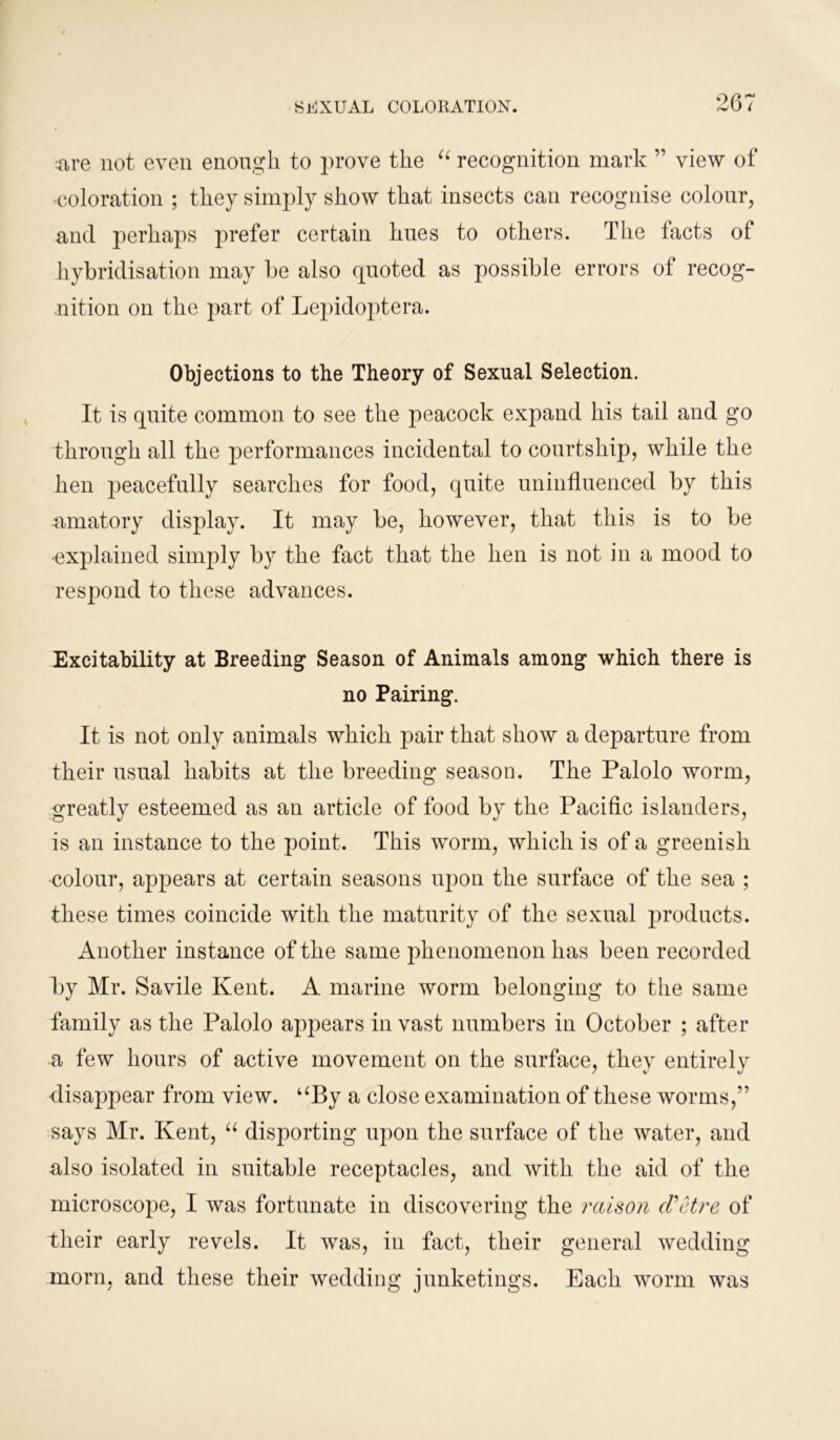 rare not even enough to prove the “ recognition mark ” view of coloration ; they simply show that insects can recognise colour, and perhaps prefer certain hues to others. The facts of hybridisation may be also quoted as possible errors of recog- nition on the part of Lepidoptera. Objections to the Theory of Sexual Selection. It is quite common to see the peacock expand his tail and go through all the performances incidental to courtship, while the hen jjeacefully searches for food, quite uninfluenced by this amatory display. It may be, however, that this is to be ■explained simply by the fact that the hen is not in a mood to respond to these advances. Excitability at Breeding Season of Animals among which there is no Pairing. It is not only animals which pair that show a departure from their usual habits at the breeding season. The Palolo worm, greatly esteemed as an article of food by the Pacific islanders, is an instance to the point. This worm, which is of a greenish colour, appears at certain seasons upon the surface of the sea ; these times coincide with the maturity of the sexual products. Another instance of the same phenomenon has been recorded by Mr. Savile Kent. A marine worm belonging to the same family as the Palolo appears in vast numbers in October ; after a few hours of active movement on the surface, they entirely disappear from view. “By a close examination of these worms,” says Mr. Kent, u disporting upon the surface of the water, and also isolated in suitable receptacles, and with the aid of the microscope, I was fortunate in discovering the raison d'etre of their early revels. It was, in fact, their general wedding morn, and these their wedding junketings. Each worm was