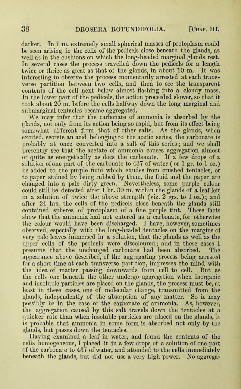 darker. In 1 m. extremely small spherical masses of protoplasm could he seen arising in the cells of the pedicels close beneath the glands, as well as in the cushions on whicli the long-headed marginal glands rest. Tn several cases the process travelled down the pedicels for a length twice or thrice as great as that of the glands, in about 10 m. It was interesting to observe the process momentarily arrested at each trans- verse partition between two cells, and then to see the transparent contents of the cell next below almost flashing into a cloudy mass. In the lower part of the pedicels, the action proceeded slower, so that it took about 20 m. before the cells halfway down the long marginal and submarginal tentacles became aggregated. We may infer that the carbonate of ammonia is absorbed by the glands, not only from its action being so rapid, but from its effect being somewhat different from that of other salts. As the glands, when excited, secrete an acid belonging to the acetic series, the carbonate is probably at once converted into a salt of this series; and we shall presently see that the acetate of ammonia causes aggregation almost or quite as energetically as does the carbonate. If a few drops of a solution of one part of the carbonate to 437 of water ( or 1 gr. to 1 oz.) be added to the purple fluid which exudes from crushed tentacles, or to paper stained by being rubbed by them, the fluid and the paper are changed into a pale dirty green. Nevertheless, some purple colour could still be detected after 1 hr. 30 m. within the glands of a leaf left in a solution of twice the above strength (viz. 2 grs. to 1 oz.); and after 24 hrs. the cells of the pedicels close beneath the glands still contained spheres of protoplasm of a fine purple tint. These facts show that the ammonia had not entered as a carbonate, for otherwise the colour would have been discharged. I have, however, sometimes observed, especially with the long-headed tentacles on the margins of very pale leaves immersed in a solution, that the glands as well as the upper cells of the pedicels were discoloured; and in these cases I presume that the unchanged carbonate had been absorbed. The appearance above described, of the aggregating process being arrested for a short time at each transverse partition, impresses the mind with the idea of matter passing downwards from cell to cell. But as the cells one beneath the other undergo aggregation when inorganic and insoluble particles are placed on the glands, the process must be, at least in these cases, one of molecular change, transmitted from the glands, independently of the absorption of any matter. So it may possibly be in the case of the carbonate of ammonia. As, however, the aggregation caused by this salt travels down the tentacles at a quicker rate than when insoluble particles are placed on the glands, it is probable that ammonia in some form is absorbed not only by the glands, but passes down the tentacles. Having examined a leaf in water, and found the contents of the cells homogeneous, I placed it in a few drops of a solution of one part of the carbonate to 437 of water, and attended to the cells immediately beneath the glands, but did not use a very high power. No aggrega-