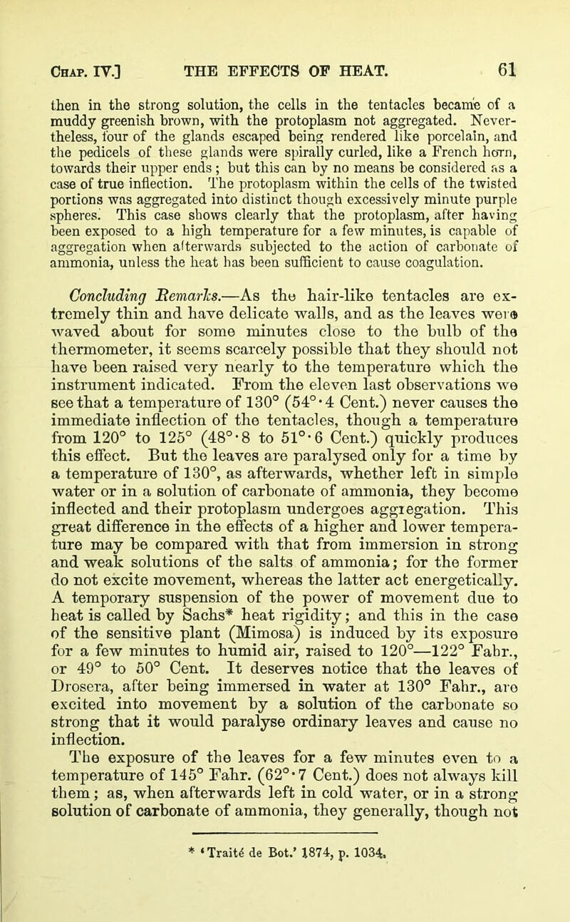 then in the strong solution, the cells in the tentacles became of a muddy greenish brown, with the protoplasm not aggregated. Never- theless, four of the glands escaped being rendered like porcelain, and the pedicels of these glands were spirally curled, like a French hoTn, towards their upper ends ; but this can by no means be considered as a case of true inflection. The protoplasm within the cells of the twisted portions was aggregated into distinct though excessively minute purple spheres! This case shows clearly that the protoplasm, after having been exposed to a high temperature for a few minutes, is capable of aggregation when afterwards subjected to the action of carbonate of ammonia, unless the heat has been sufficient to cause coagulation. Concluding Bemarlcs.—As the hair-like tentacles are ex- tremely thin and have delicate walls, and as the leaves wer® waved about for some minutes close to the bulb of the thermometer, it seems scarcely possible that they should not have been raised very nearly to the temperature which the instrument indicated. From the eleven last observations we see that a temperature of 130° (54° *4 Cent.) never causes the immediate inflection of the tentacles, though a temperature from 120° to 125° (48°-8 to 51°'6 Cent.) quickly produces this effect. But the leaves are paralysed only for a time by a temperature of 130°, as afterwards, whether left in simple water or in a solution of carbonate of ammonia, they become inflected and their protoplasm undergoes aggregation. This great difference in the effects of a higher and lower tempera- ture may be compared with that from immersion in strong and weak solutions of the salts of ammonia; for the former do not excite movement, whereas the latter act energetically. A temporary suspension of the power of movement due to heat is called by Sachs* heat rigidity; and this in the case of the sensitive plant (Mimosa) is induced by its exposure for a few minutes to humid air, raised to 120°—122° Fahr., or 49° to 50° Cent. It deserves notice that the leaves of Drosera, after being immersed in water at 130° Fahr., are excited into movement by a solution of the carbonate so strong that it would paralyse ordinary leaves and cause no inflection. The exposure of the leaves for a few minutes even to a temperature of 145° Fahr. (62°‘7 Cent.) does not always kill them; as, when afterwards left in cold water, or in a strong solution of carbonate of ammonia, they generally, though not * ‘Traits de Bot.’ 1874, p. 1034.