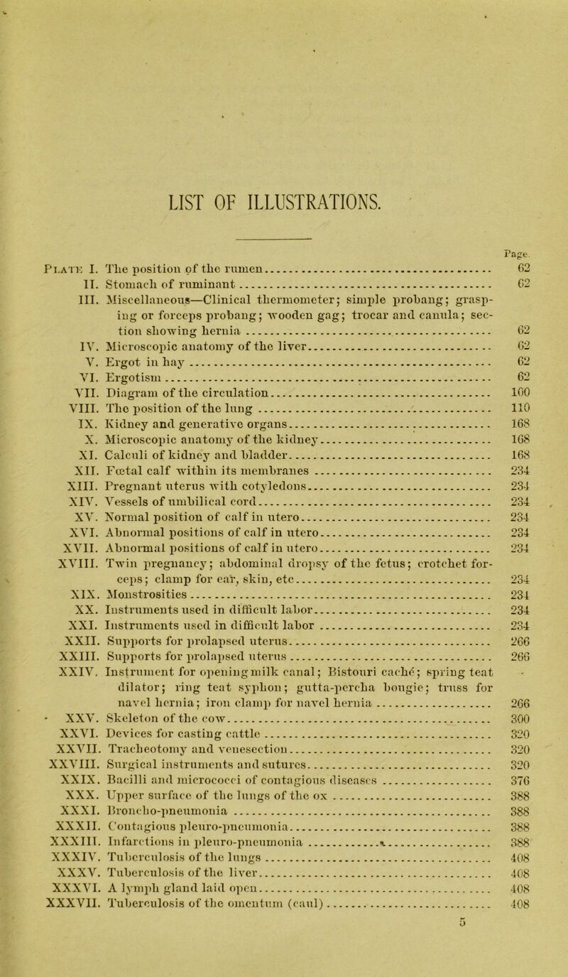 LIST OF ILLUSTRATIONS. Page. Plate I. Tlie position of the rumen 02 IT. Stomach of ruminant 02 III. Miscellaneous—Clinical thermometer; simple prohang; grasp- ing or forceps prohang; wooden gag; trocar and canula; sec- tion showing hernia 02 IV. Microscopic anatomy of the liver 62 V. Ergot in hay 62 VI. Ergotism 62 VII. Diagram of the circulation 100 VIII. The position of the lung 110 IX. Kidney and generative organs 168 X. Microscopic anatomy of the kidney 168 XI. Calculi of kidney and bladder 168 XII. Foetal calf within its membranes 234 XIII. Pregnant uterus with cotyledons 234 XIV. Vessels of umbilical cord 234 XV. Normal position of calf in ntero 234 XVI. Abnormal positions of calf in ntero 234 XVII. Abnormal positions of calf in ntero 234 XVIII. Twin pregnancy; abdominal dropsy of the fetus; crotchet for- ceps; clamp for ear, skin, etc 234 XIX. Monstrosities 231 XX. Instruments used in difficult labor 234 XXI. Instruments used in difficult labor 234 XXII. Supports for prolapsed uterus 266 XXIII. Supports for prolapsed uterus 266 XXIV. Instrument for opening milk canal; Bistouri caclffi; spring teat dilator; ring teat syphon; gutta-percha bougie; truss for navel hernia; iron clamp for navel hernia 266 XXV. Skeleton of the cow 300 XXVI. Devices for casting cattle 320 XXVII. Tracheotomy and venesection 320 XXVIII. Surgical instruments and sutures 320 XXIX. Bacilli and micrococci of contagious diseases 376 XXX. Upper surface of the lungs of the ox 388 XXXI. Broncho-pneumonia 388 XXXII. Contagious pleuro-pncumonia 388 XXXIII. Infarctions in pleuro-pncumonia s. 388 XXXIV. Tuberculosis of the lungs 408 XXXV. Tuberculosis of the liver 408 XXXVI. A lymph gland laid open 408 XXXVII. Tuberculosis of the omentum (caul) 408