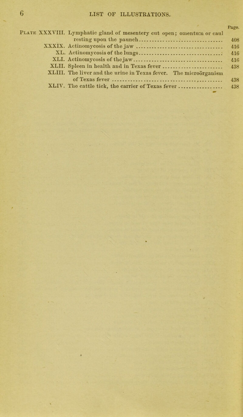 G Pa so. Plate XXXVIII. Lymphatic gland of mesentery cut open; omentum or caul resting upon the paunch 408 XXXIX. Actinomycosis of the jaw 416 XL. Actinomycosis of the lungs 416 XLI. Actinomycosis of the jaw 416 XLII. Spleen in health and in Texas fever 438 XLIII. The liver and the urine in Texas fever. The microorganism of Texas fever 438 XLIV. The cattle tick, the carrier of Texas fever 438