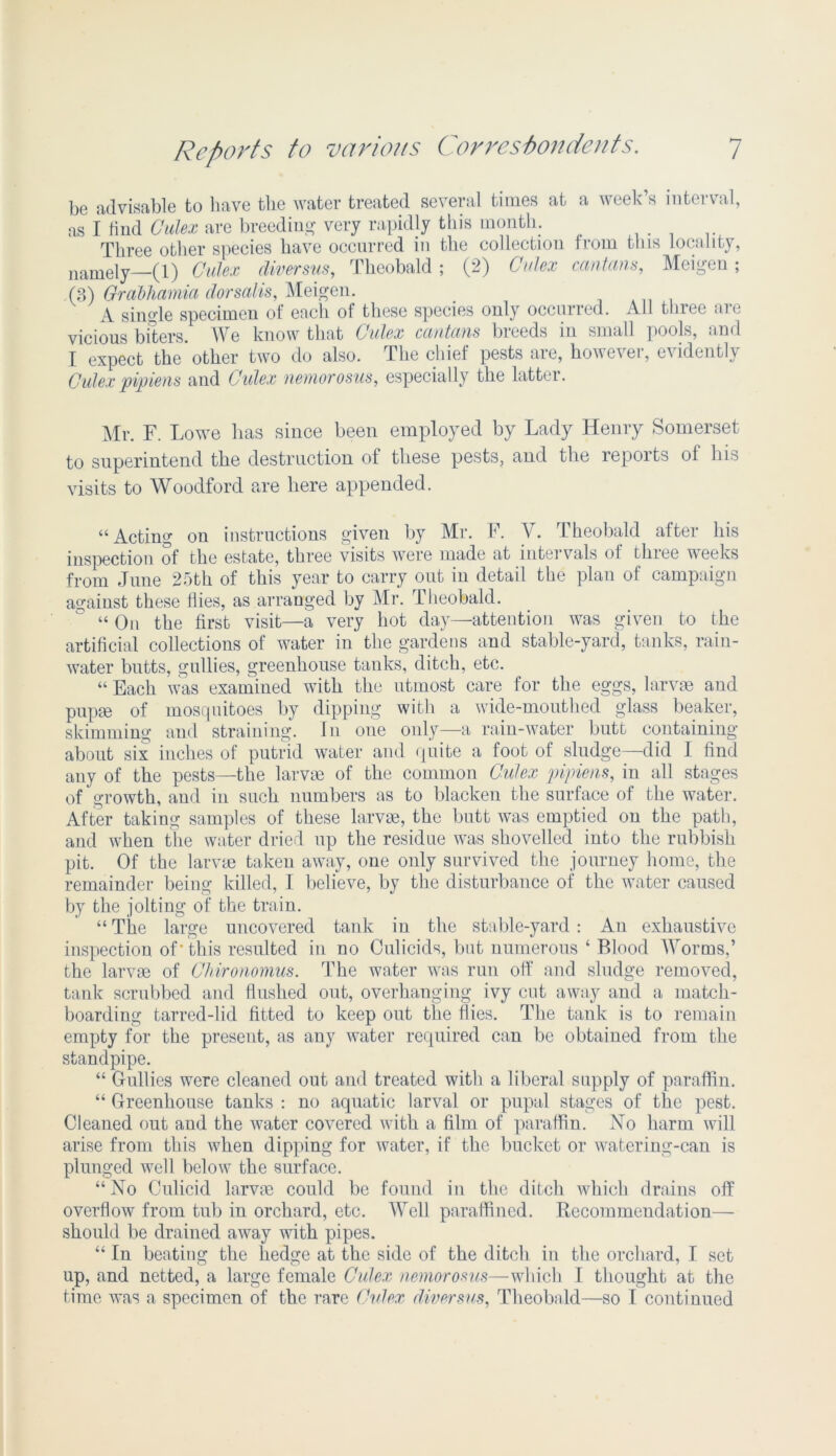 be advisable to have the water treated several times at a week’s interval, as I find Culex are breeding very rapidly this month. Three other species have occurred in the collection from this locality, namely—(1) Culex diver sus, Theobald ; (2) Culex cantans, Meigen ; (3) Grabhamia dorsalis, Meigen. A sing’le specimen of each of these species only occurred. All thiee aie vicious biters. We know that Culex cantans breeds in small pools, and X expect the other two do also. The chief pests aie, hoA\c\ei, evidently Culex pipiens and Culex nemorosus, especially the latter. Mr. F. Lowe has since been employed by Lady Henry Somerset to superintend the destruction of these pests, and the reports of his visits to Woodford are here appended. “Acting on instructions given by Mr. F. V. Theobald after his inspection of the estate, three visits were made at intervals of three weeks from June 25th of this year to carry out in detail the plan of campaign against these flies, as arranged by Mr. Theobald. “ On the first visit—a very hot day—attention was given to the artificial collections of water in the gardens and stable-yard, tanks, rain- water butts, gullies, greenhouse tanks, ditch, etc. “ Each was examined with the utmost care for the eggs, larvae and pupae of mosquitoes by dipping with a wide-mouthed glass beaker, skimming and straining. In one only—a rain-water butt containing* about six inches of putrid water and quite a foot of sludge—did I find any of the pests—the larvae of the common Culex pipiens, in all stages of growth, and in such numbers as to blacken the surface of the water. After taking samples of these larvae, the butt was emptied on the path, and when the water dried up the residue was shovelled into the rubbish pit. Of the larvae taken away, one only survived the journey home, the remainder being killed, I believe, by the disturbance of the water caused by the jolting of the train. “ The large uncovered tank in the stable-yard: An exhaustive inspection of* this resulted in no Culicids, but numerous ‘ Blood Worms,’ the larvae of Chironomus. The water was run off and sludge removed, tank scrubbed and flushed out, overhanging ivy cut away and a match- boarding tarred-lid fitted to keep out the flies. The tank is to remain empty for the present, as any water required can be obtained from the standpipe. “ Gullies were cleaned out and treated with a liberal supply of paraffin. “ Greenhouse tanks : no aquatic larval or pupal stages of the pest. Cleaned out and the water covered with a film of paraffin. No harm will arise from this when dipping for water, if the bucket or watering-can is plunged well below the surface. “No Culicid larva) could be found in the ditch which drains off overflow from tub in orchard, etc. Well paraffined. Recommendation— should be drained away with pipes. “ In beating the hedge at the side of the ditch in the orchard, I set up, and netted, a large female Culex nemorosus—which I thought at the time was a specimen of the rare Ctdex diver sus, Theobald—so I continued