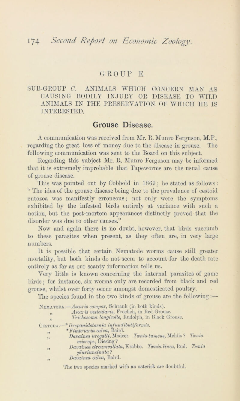 GROUP E. SUB-GROUP 0. ANIMALS WHICH CONCERN MAN AS CAUSING BODILY INJURY OR DISEASE TO AVILD ANIMALS IN THE PRESERVATION OF AVHICH HE IS INTERESTED. Grouse Disease. A communication was received from Mr. R. Munro Ferguson, M.P., regarding the great loss of money due to the disease in grouse. The following communication was sent to the Board on this subject. Regarding this subject Mr. R. Munro Ferguson may be informed that it is extremely improbable that Tapeworms are the usual cause of grouse disease. This was pointed out by Cobbold in 1869; he stated as follows: “ The idea of the grouse disease being due to the prevalence of cestoid entozoa was manifestly erroneous; not only were the symptoms exhibited by the infested birds entirely at variance with such a notion, but the post-mortem appearances distinctly proved that the disorder was due to other causes.” Now and again there is no doubt, however, that birds succumb to these parasites when present, as they often are, in very large numbers. It is possible that certain Nematode worms cause still greater mortality, but both kinds do not seem to account for the deatli rate entirely as far as our scanty information tells us. Very little is known concerning the internal parasites of game birds; for instance, six worms only are recorded from black and red grouse, whilst over forty occur amongst domesticated poultry. The species found in the two kinds of grouse are the following:— Xematoda.—Ascaris compar, Schrank (in both kinds). „ Ascaris vesicularis, Froelich, in Red Grouse. „ Trichosoma longicolle, Rudolph, in Black Grouse. Cestoda.—* Drepanidotaenia infundibul if or mis. „ * Fimbriaria calva, Baird. „ Davainea urogalli, Modeer. Tania turneus, Mehlis? Tania microps, Diesing? „ Davainea circumvallata, Krabbe. Tania linea, Rud. Tania pluriuncinata ? „ Davainea calva, Baird. 'the two species marked with an asterisk are doubtful.