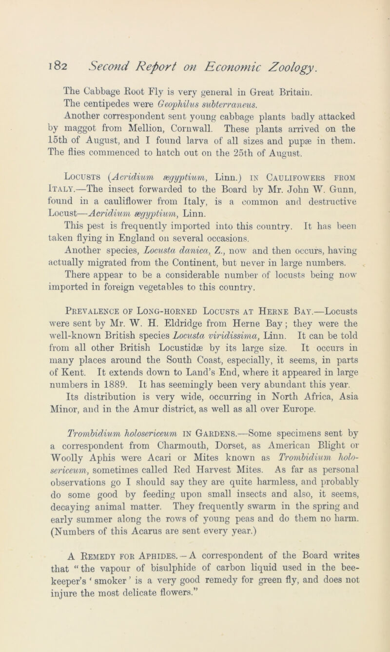 The Cabbage Root Fly is very general in Great Britain. The centipedes were Geophilus subterraneus. Another correspondent sent young cabbage plants badly attacked by maggot from Mellion, Cornwall. These plants arrived on the 15th of August, and I found larva of all sizes and pupae in them. The flies commenced to hatch out on the 25th of August. Locusts (Acridium segyptium, Linn.) in Caulifowers from Italy.—The insect forwarded to the Board by Mr. John W. Gunn, found in a cauliflower from Italy, is a common and destructive Locust—Acridium segyptium, Linn. This pest is frequently imported into this country. It has been taken flying in England on several occasions. Another species, Locusta dccnica, Z., now and then occurs, having actually migrated from the Continent, but never in large numbers. There appear to be a considerable number of locusts being now imported in foreign vegetables to this country. Prevalence of Long-horned Locusts at Herne Bay.—Locusts were sent by Mr. W. H. Eldridge from Herne Bay; they were the well-known British species Locusta viridissima, Linn. It can be told from all other British Locustidse by its large size. It occurs in many places around the South Coast, especially, it seems, in parts of Kent. It extends down to Land’s End, where it appeared in large numbers in 1889. It has seemingly been very abundant this year. Its distribution is very wide, occurring in North Africa, Asia Minor, and in the Amur district, as well as all over Europe. Trombidium holosericeum in Gardens.—Some specimens sent by a correspondent from Charmouth, Dorset, as American Blight or Woolly Aphis were Acari or Mites known as Trombidium holo- sericeum, sometimes called Red Harvest Mites. As far as personal observations go I should say they are quite harmless, and probably do some good by feeding upon small insects and also, it seems, decaying animal matter. They frequently swarm in the spring and early summer along the rows of young peas and do them no harm. (Numbers of this Acarus are sent every year.) A Remedy for Aphides.— A correspondent of the Board writes that “the vapour of bisulphide of carbon liquid used in the bee- keeper’s ‘ smoker ’ is a very good remedy for green fly, and does not injure the most delicate flowers.”