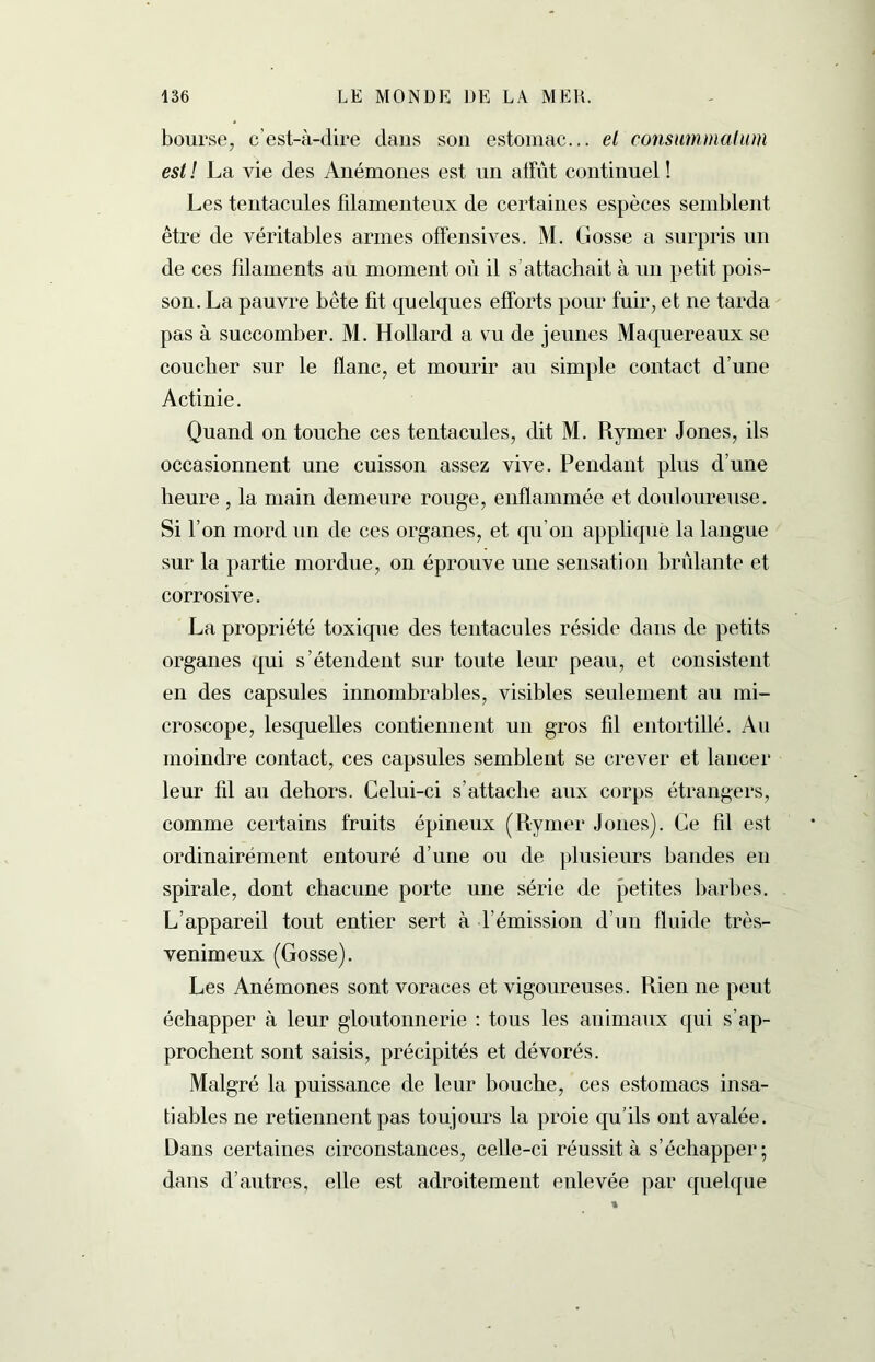 bourse, c’est-à-dire dans son estomac... et consummalum est ! La vie des Anémones est un affût continuel ! Les tentacules filamenteux de certaines espèces semblent être de véritables armes offensives. M. Gosse a surpris un de ces filaments au moment où il s’attachait à un petit pois- son. La pauvre bête fit quelques efforts pour fuir, et ne tarda pas à succomber. M. Hollard a vu de jeunes Maquereaux se coucher sur le flanc, et mourir au simple contact d’une Actinie. Quand on touche ces tentacules, dit M. Rymer Jones, ils occasionnent une cuisson assez vive. Pendant plus d’une heure , la main demeure rouge, enflammée et douloureuse. Si l’on mord un de ces organes, et qu’on appliqué la langue sur la partie mordue, on éprouve une sensation brûlante et corrosive. La propriété toxique des tentacules réside dans de petits organes qui s’étendent sur toute leur peau, et consistent en des capsules innombrables, visibles seulement au mi- croscope, lesquelles contiennent un gros fil entortillé. Au moindre contact, ces capsules semblent se crever et lancer leur fd au dehors. Celui-ci s’attache aux corps étrangers, comme certains fruits épineux (Rymer Jones). Ce fil est ordinairement entouré d’une ou de plusieurs bandes en spirale, dont chacune porte une série de petites barbes. L’appareil tout entier sert à l’émission d’un fluide très- venimeux (Gosse). Les Anémones sont voraces et vigoureuses. Rien ne peut échapper à leur gloutonnerie : tous les animaux qui s’ap- prochent sont saisis, précipités et dévorés. Malgré la puissance de leur bouche, ces estomacs insa- tiables ne retiennent pas toujours la proie qu’ils ont avalée. Dans certaines circonstances, celle-ci réussit à s’échapper; dans d’autres, elle est adroitement enlevée par quelque