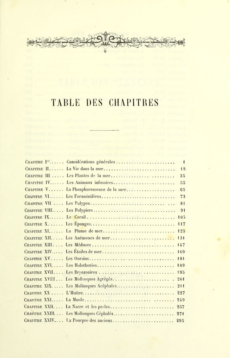 TABLE DES CHAPITRES Chapitre Ier... Chapitre II... Chapitre III... Chapitre IV... Chapitre V... Chapitre VI.. . Chapitre VII . Chapitre VIII.. Chapitre IX... Chapitre X. .. Chapitre XI... Chapitre XII.. Chapitre XIII. Chapitre XIV.. Chapitre XV. . Chapitre XVI.. Chapitre XVII. Chapitre XVIil Chapitre XIX. . Chapitre XX .. Chapitre XXI.. Chapitre XXII. Chapitre XXIII. Chapitre XXIV. Considérations générales .... La Vie dans la mer Les Plantes de la mer Les Animaux infusoires La Phosphorescence de la mer Les Foraminifères Les Polypes Les Polypiers Le Corail Les Éponges La Plume de mer Les Anémones de mer Les Méduses Les Étoiles de mer Les Oursins Les Holothuries Les Bryozoaires Les Mollusques Agrégés Les Mollusques Acéphales L’Huître La Moule La Nacre et les perles Les Mollusques Ccphalés La Pourpre des anciens 1 19 35 55 65 73 81 91 105 117 125 131 147 169 181 189 195 201 211 227 249 257 271 295