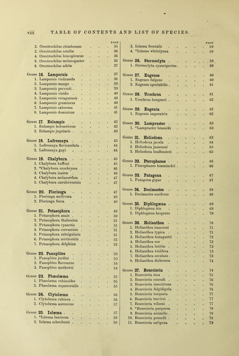 2. Oreotrochilus chimborazo 3. Oreotrochilus estellse 4. Oreotrochilus leucopleurus 5. Oreotrochilus melanogaster 6. Oreotrochilus adelse Genus 16. Lampornis • 1. Lampornis violicauda 2. Lampornis mango . 3. Lampornis prevosti. 4. Lampornis viridis . 5. Lampornis veraguensis . 6. Lampornis gramineus 7. Lampornis calosoma 8. Lampornis dominicus Genus 17. Eulampis 1. Eulampis holosericeus 2. Eulampis jugularis . Genus 18. Lafresnaya . 1. Lafresnaya flavicaudata . 2. Lafresnaya gayi Genus 19. Chalybura . 1. Chalybura buifoni . 2. *Chalybura urochrysea . 3. Chalybura isauree . 4. Chalybura melanorrhoa . 5. Chalybura cseruleiventris Genus 20. Florisuga 1. Florisuga mellivora 2. Florisuga fusca Genus 21. Petasophora . 1. Petasophora anais . 2. Petasophora thalassina . 3. Petasophora cyanotis 4. Petasophora corruscans . 5. Petasophora rubrigularis 6. Petasophora serrirostris . 7. Petasophora delphinac Genus 22. Panoplites 1. Panoplites jardini . 2. Panoplites flavescens 3. Panoplites mathewsi Genus 23. Phaeolaema . 1. Phaeolaema rubinoides 2. Phaeolaema aequatorialis . Genus 24. Clytolaema 1. Clytolaema rubinea . 2. Clytolaema aurescens Genus 25. Iolaema . 1. *Iolsema luminosa . 2. Iolaema schreibersi . PAGE 3. Iolaema frontalis 59 4. *Iolaema whitelyana .... 59 Genus 26. Sternoclyta . . . ... 59 1. Sternoclyta cyaneipectus.... 60 Genus 27. Eugenes 60 1. Eugenes fulgens 60 2. Eugenes spectabilis 61 Genus 28. Urochroa 61 1. Urochroa bougueri 62 Genus 29. Eugenia 62 1. Eugenia imperatrix .... 62 Genus 30. Lampraster 63 1. *Lampraster branicki .... 63 Genus 31. Heliodoxa 63 1. Heliodoxa jacula 64 2. Heliodoxa jamesoni .... 65 3. Heliodoxa leadbeateri .... 65 Genus 32. Pterophanes 66 1. Pterophanes temminckii .... 66 Genus 33. Patagona 67 1. Patagona gigas 67 Genus 34. Docimastes . . . . .68 1. Docimastes ensiferus .... 68 Genus 35. Diphlogaena 69 1. Diphlogaena iris 69 2. Diphlogsena hesperus . . . .70 Genus 36. Helianthea 70 1. Helianthea isaacsoni .... 71 2. Helianthea typica . . . . .71 3. Helianthea bonapartii .... 72 4. Helianthea eos 72 5. Helianthea lutitiae 73 6. Helianthea vioiifera . . . .73 7. Helianthea osculans • . . .73 8. Helianthea dichroura .... 74 Genus 37. Bourcieria 74 1. Bourcieria inca ..... 75 2. Bourcieria conrad i 76 3. Bourcieria insectivora . . . .76 4. Bourcieria fulgidigula . . . .76 5. Bourcieria torquata .... 77 6. Bourcieria traviesi 77 7. Bourcieria wilsoni 77 8. *Bourcieria purpurea .... 78 9. Bourcieria assimilis 78 10. Bourcieria prunelli 78 11. Bourcieria caeligena .... 79 PAGE 35 36 36 36 37 37 38 39 39 40 40 40 41 41 42 42 43 43 44 44 45 45 46 46 47 47 47 48 48 49 50 51 51 51 51 52 52 53 53 54 54 55 55 55 56 56 57 57 58 58