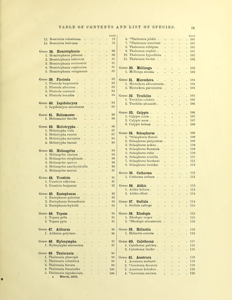 IX PAGE 12. Bourcieria Columbiana . . . .79 13. Bourcieria boliviaua . . . .79 Genus 38. Hemistephania .... 80 1. Hemistephania johannse .... 80 2. Hemistephania ludoviciae ... 81 3. Hemistephania rectirostris ... 81 4. Hemistephania euphrosinae ... 81 5. Hemistephania veraguensis ... 82 Genus 39. Floricola 82 1. Floricola longirostris .... 83 2. Floricola albicrissa 83 3. Floricola constanti ..... 84 4. Floricola leocadiaa 84 Genus 40. Lepidolarynx .... 84 1. Lepidolarynx mesoleucus ... 85 Genus 41. Heliomaster 86 1. Heliomaster furcifer .... 86 Genus 42. Heliotrypha 86 1. Heliotrypha viola 87 2. Heliotrypha exortis .... 87 3. Heliotrypha micrastur .... 88 4. Heliotrypha barrali .... 88 Genus 43. Heliangelus 89 1. Heliangelus clarissse .... 89 2. Heliangelus strophiauus .... 90 3. Heliangelus spencei .... 90 4. Heliangelus amethysticollis . . 90 5. Heliangelus mavors .... 91 Genus 44. TJrosticte 91 1. Urosticte ruficrissa 91 2. Urosticte benjamini .... 92 Genus 45. Eustephanus 92 1. Eustephanus galeritus .... 93 2. Eustephanus fernandensis ... 93 3. Eustephanus leyboldi .... 94 Genus 46. Topaza 94 1. Topaza pella 95 2. Topaza pyra 95 PAGE 6. *Thalurania jelskii 101 7. *Thalurauia watertoni .... 101 8. Thalurania refulgens .... 101 9. Thalurania eriphile ..... 101 10. Thalurania hypochlora .... 102 11. Thalurania bicolor ..... 102 Genus 50. Mellisuga 103 1. Mellisuga minima 103 Genus 51. Microchera 104 1. Microchera albocoronata .... 104 2. Microchera parvirostris .... 104 Genus 52. Trochilus 105 1. Trochilus colubris ..... 105 2. Trochilus alexandri 106 Genus 53. Calypte 4 06 1. Calypte costae ...... 107 2. Calypte annae ...... 107 3. Calypte helenae 108 Genus 54. Selasphorus 108 1. ^Selasphorus floresii .... 109 2. Selasphorus platycercus .... 109 3. Selasphorus ardens 110 4. Selasphorus flammula . . . .110 5. Selasphorus rufus ..... 110 6. Selasphorus scintilla .... Ill 7. Selasphorus henshawi . . . .111 8. Selasphorus torridus .... 112 Genus 55. Catharma 112 1. Catharma orthura 112 Genus 56. Atthis 113 1. Atthis lieloisse 113 2. Atthis ellioti 114 Genus 57. Stellula 114 1. Stellula calliope 115 Genus 58. Rhodopis 115 1. Rhodopis vesper 115 2. * Rhodopis atacamensis . . . .116 Genus 47. Aithurus 1. Aithurus polytmus . 96 Genus 59. Heliactin 96 1. Heliactin cornuta 116 116 It Genus 48- Hylonympha ... 97 1. Hylonympha macrocerca ... 97 Genus 49. Thalurania 98 1. Thalurania glaucopis .... 99 2. Thalurania columbica .... 99 3. Thalurania furcata ..... 99 4. Thalurania furcatoides .... 100 b March, 1879. Genus 60. Calothorax . . 117 1. Calothorax pulchra . . 118 2. Calothorax lucifer . . 118 Genus 61. Acestrura . 119 1. Acestrura mulsanti . . 119 2. ^Acestrura decorata . 119 3. Acestrura heliodori . . 120 * #