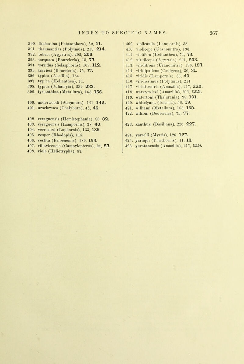 399. thalassina (Petasophora), 50, 51. 391. thaumantias (Polytmus), 213, 214. 392. tobaci (Agyrtria), 202, 206. 393. torquata (Bourcieria), 15, 77. 394. torridus (Selasphorus), 108, 112. 395. traviesi (Bourcieria), 15, 77. 396. typica (Abeillia), 184. 391. typica (Ileliantliea), 11. 398. typica (Juliamyia), 232, 233. 399. tyriantbiua (Metallura), 163, 166. 400. underwoodi (Steganura) 141, 142. 401. urochrysea (Chalybura), 45, 46. 402. veraguensis (Hemistephania), 80, 82. 403. veraguensis (Lampornis), 38, 40. 404. ycrreauxi (Lophornis), 133, 136. 405. vesper (Rhodopis), 115. 406. vestita (Eriocnemis), 189, 193. 401. villavicencio (Campylopterus), 24, 27. 408. viola (Heliotrypha), 81. 409. violicauda (Lampornis), 38. 410. violiceps (Uranomitra), 196. 411. violifera (Helianthea), 11, 73. 412. viridiceps (Agyrtria), 201, 203. 413. viridifrons (Uranomitra), 196, 197. 414. viridipallcns (Caeligena), 30, 31. 415. viridis (Lampornis), 38, 40. 416. viridissimus (Polytmus), 214. 411. viridivcntris (Amazilia), 211, 220. 418. warszewiczi (Amazilia), 211, 225. 419. watertoni (Thalurania), 98, 101. 420. whitelyana (Iolcema), 58, 59. 421. williami (Metallura), 163, 165. 422. wilsoni (Bourcieria), 15, 77. 423. xanthusi (Basilinna), 226, 227. 424. yarrclli (Myrtis), 126, 127. 425. yaruqui (Pbretbornis), 11, 13. 426. yucatanensis (Amazilia), 211, 219.