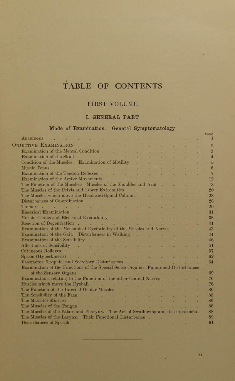 TABLE OF CONTENTS FIRST VOLUME I. GENERAL PART Mode of Examination. General Symptomatology PAGE Anamnesis ............. 1 Objective Examination 2 Examination of the Mental Condition ......... 3 Examination of the Skull ........... 4 Condition of the Muscles. Examination of Motility ...... 5 Muscle Tonus ............. 6 Examination of the Tendon-Reflexes ......... 7 Examination of the Active Movements . . . . . . . . 12 The Function of the Muscles. Muscles of the Shoulder and Arm . . . . 13 The Muscles of the Pelvis and Lower Extremities ....... 20 The Muscles which move the Head and Spinal Column ...... 23 Disturbances of Co-ordination .......... 26 Tremor .............. 29 Electrical Examination ........... 31 Morbid Changes of Electrical Excitability ........ 38 Reaction of Degeneration ........... 41 Examination of the Mechanical Excitability of the Muscles and Nerves ... 43 Examination of the Gait. Disturbances in Walking ...... 44 Examination of the Sensibility .......... 46 Affections of Sensibility . . . . . . . . . . .51 Cutaneous Reflexes ............ 57 Spasm (Hyperkinesis) ........... 62 Vasomotor, Trophic, and Secretory Disturbances ....... 64 Examination of the Functions of the Special Sense Organs : Functional Disturbances of the Sensory Organs .......... 69 Examinations relating to the Function of the other Cranial Nerves . . . 76 Muscles which move the Eyeball ......... 76 The Function of the Internal Ocular Muscles ....... 80 The Sensibility of the Face .......... 85 The Masseter Muscles . . . . . . . . . . .86 The Muscles of the Tongue .......... 86 The Muscles of the Palate and Pharynx. The Act of Swallowing and its Impairment 88 The Muscles of the Larynx. Their Functional Disturbance ..... 89 Disturbances of Speech .......... 91