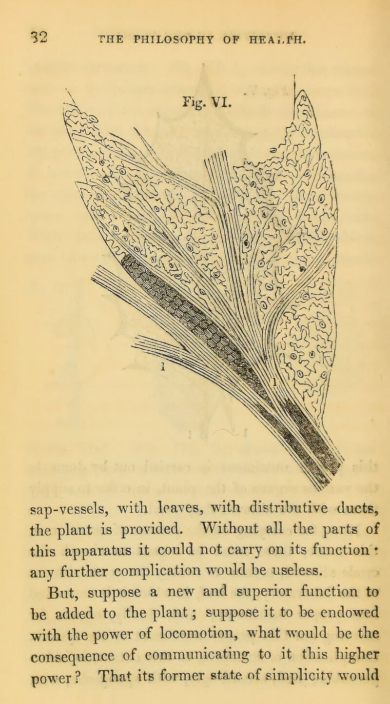 sap-vessels, with leaves, with distributive ducts, the plant is provided. Without all the parts of this apparatus it could not carry on its function • any further complication would be useless. But, suppose a new and superior function to he added to the plant; suppose it to he endowed with the power of locomotion, what would be the consequence of communicating to it this higher power ? That its former state of simplicity would