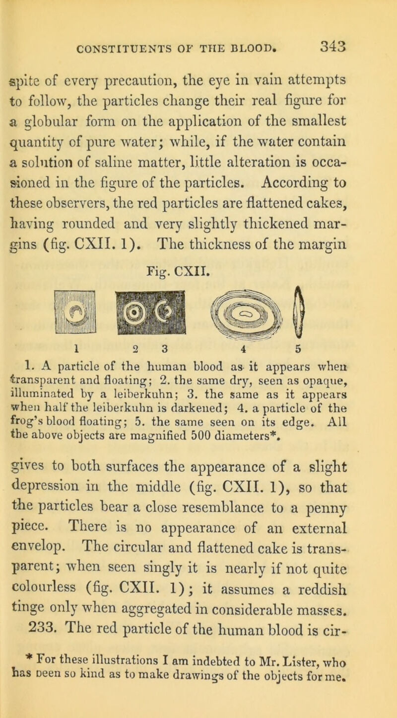 spite of every precaution, the eye in vain attempts to follow, the particles change their real figure for a globular form on the application of the smallest quantity of pure water; while, if the water contain a solution of saline matter, little alteration is occa- sioned in the figure of the particles. According to these observers, the red particles are flattened cakes, having rounded and very slightly thickened mar- gins (fig. CXII. 1). The thickness of the margin Fig. CXII. I 2 3 4 5 1. A particle of the human blood as it appears when transparent and floating; 2. the same dry, seen as opaque, illuminated by a leiberkuhn; 3. the same as it appears when half the leiberkuhn is darkened; 4. a particle of the frog’s blood floating; 5. the same seen on its edge. All the above objects are magnified 500 diameters*. gives to both surfaces the appearance of a slight depression in the middle (fig. CXII. 1), so that the particles bear a close resemblance to a penny piece. There is no appearance of an external envelop. The circular and flattened cake is trans- parent ; when seen singly it is nearly if not quite colourless (fig. CXII. 1); it assumes a reddish tinge only when aggregated in considerable masses. 233. The red particle of the human blood is cir- * For these illustrations I am indebted to Mr. Lister, who has Deen so kind as to make drawings of the objects forme.