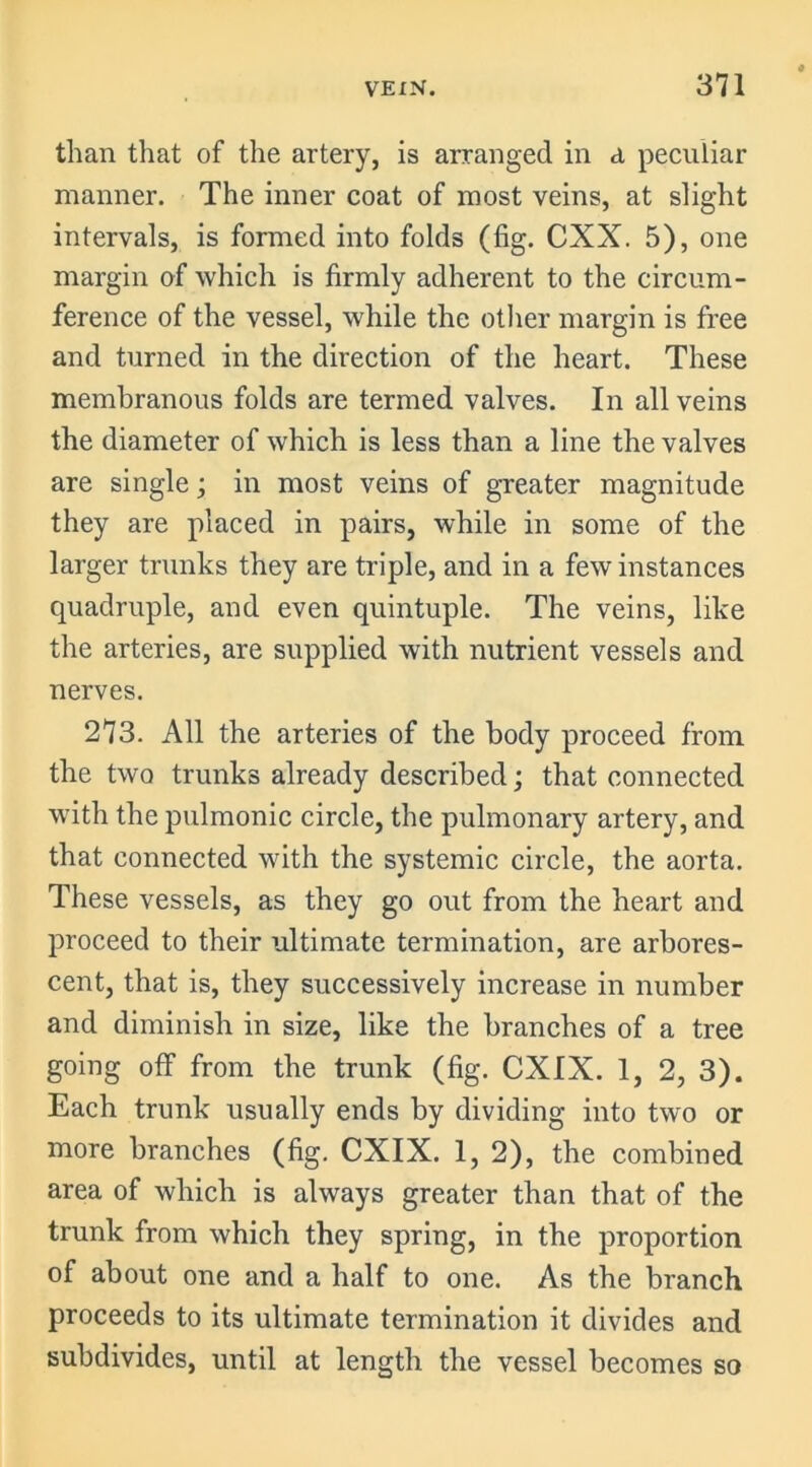 than that of the artery, is arranged in a peculiar manner. The inner coat of most veins, at slight intervals, is formed into folds (fig. CXX. 5), one margin of which is firmly adherent to the circum- ference of the vessel, while the other margin is free and turned in the direction of the heart. These membranous folds are termed valves. In all veins the diameter of which is less than a line the valves are single; in most veins of greater magnitude they are placed in pairs, while in some of the larger trunks they are triple, and in a few instances quadruple, and even quintuple. The veins, like the arteries, are supplied with nutrient vessels and nerves. 273. All the arteries of the body proceed from the two trunks already described; that connected with the pulmonic circle, the pulmonary artery, and that connected with the systemic circle, the aorta. These vessels, as they go out from the heart and proceed to their ultimate termination, are arbores- cent, that is, they successively increase in number and diminish in size, like the branches of a tree going off from the trunk (fig. CXIX. 1, 2, 3). Each trunk usually ends by dividing into two or more branches (fig. CXIX. 1, 2), the combined area of which is always greater than that of the trunk from which they spring, in the proportion of about one and a half to one. As the branch proceeds to its ultimate termination it divides and subdivides, until at length the vessel becomes so