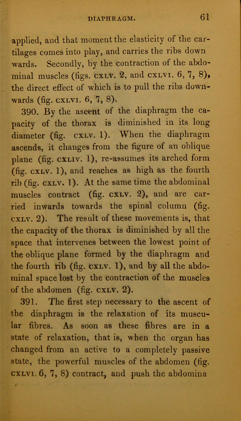 applied, and that moment the elasticity of the car- tilages comes into play, and carries the ribs down wards. Secondly, by the contraction of the abdo- minal muscles (tigs. cxlv. 2, and cxlvi. 6, 7, 8)» the direct eflfect of which is to pull the ribs down- wards (tig. cxLvi. 6, 7, 8). 390. By the ascent of the diaphragm the ca- pacity of the thorax is diminished in its long diameter (tig. cxlv. 1). When the diaphragm ascends, it changes from the tigure of an oblique plane (tig. cXliv. 1), re-assumes its arched form (tig. CXLV. 1), and reaches as high as the fourth rib (tig. CXLV. 1). At the same time the abdominal muscles contract (fig. cxlv. 2), and are car- ried inwards towards the spinal column (fig. CXLV. 2). The result of these movements is, that the capacity of the thorax is diminished by all the space that intervenes between the lowest point of the oblique plane formed by the diaphragm and the fourth rib (fig. cxlv. 1), and by all the abdo- minal space lost by the contraction of the muscles of the abdomen (fig. cxlv. 2). 391. The first step necessary to the ascent of the diaphragm is the relaxation of its muscu- lar fibres. As soon as these fibres are in a state of relaxation, that is, when the organ has changed from an active to a completely passive state, the powerful muscles of the abdomen (fig. CXLVI, 6, 7, 8) contract, and push the abdomina