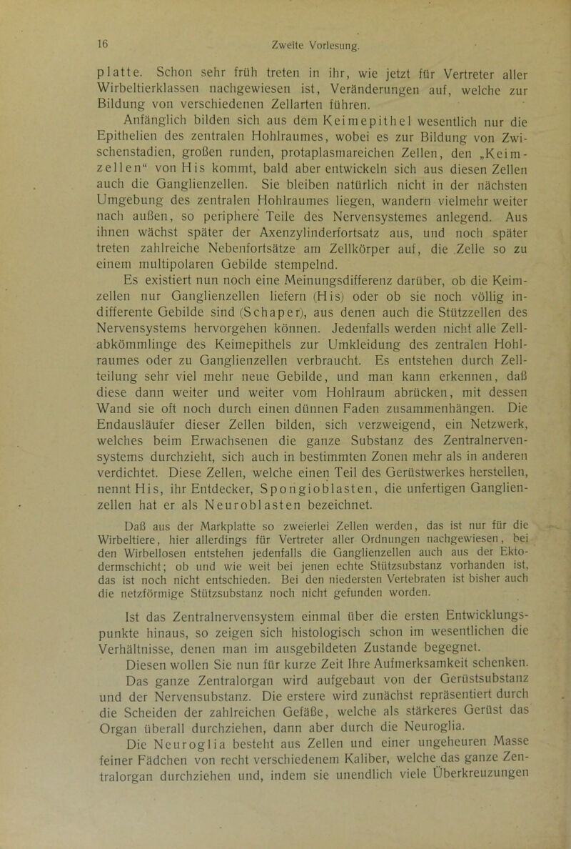 platte. Schon sehr früh treten in ihr, wie jetzt für Vertreter aller Wirbeltierklassen nachgewiesen ist, Veränderungen auf, welche zur Bildung von verschiedenen Zellarten führen. Anfänglich bilden sich aus dem Keimepithel wesentlich nur die Epithelien des zentralen Hohlraumes, wobei es zur Bildung von Zwi- schenstadien, großen runden, protaplasmareichen Zellen, den „Keim- zellen“ von His kommt, bald aber entwickeln sich aus diesen Zellen auch die Ganglienzellen. Sie bleiben natürlich nicht in der nächsten Umgebung des zentralen Hohlraumes liegen, wandern vielmehr weiter nach außen, so periphere Teile des Nervensystemes anlegend. Aus ihnen wächst später der Axenzylinderfortsatz aus, und noch später treten zahlreiche Nebenfortsätze am Zellkörper auf, die Zelle so zu einem multipolaren Gebilde stempelnd. Es existiert nun noch eine Meinungsdifferenz darüber, ob die Keim- zellen nur Ganglienzellen liefern (His) oder ob sie noch völlig in- differente Gebilde sind (Schaper), aus denen auch die Stützzellen des Nervensystems hervorgehen können. Jedenfalls werden nicht alle Zell- abkömmlinge des Keimepithels zur Umkleidung des zentralen Hohl- raumes oder zu Ganglienzellen verbraucht. Es entstehen durch Zell- teilung sehr viel mehr neue Gebilde, und man kann erkennen, daß diese dann weiter und weiter vom Hohlraum abrücken, mit dessen Wand sie oft noch durch einen dünnen Faden Zusammenhängen. Die Endausläufer dieser Zellen bilden, sich verzweigend, ein Netzwerk, welches beim Erwachsenen die ganze Substanz des Zentralnerven- systems durchzieht, sich auch in bestimmten Zonen mehr als in anderen verdichtet. Diese Zellen, welche einen Teil des Gerüstwerkes hersteilen, nennt His, ihr Entdecker, Spongioblasten, die unfertigen Ganglien- zellen hat er als Neurobl asten bezeichnet. Daß aus der Markplatte so zweierlei Zellen werden, das ist nur für die Wirbeltiere, hier allerdings für Vertreter aller Ordnungen nachgewiesen, bei den Wirbellosen entstehen jedenfalls die Ganglienzellen auch aus der Ekto- dermschicht; ob und wie weit bei jenen echte Stiitzsubstanz vorhanden ist, das ist noch nicht entschieden. Bei den niedersten Vertebraten ist bisher auch die netzförmige Stützsubstanz noch nicht gefunden worden. Ist das Zentralnervensystem einmal über die ersten Entwicklungs- punkte hinaus, so zeigen sich histologisch schon im wesentlichen die Verhältnisse, denen man im ausgebildeten Zustande begegnet. Diesen wollen Sie nun für kurze Zeit Ihre Aufmerksamkeit schenken. Das ganze Zentralorgan wird aufgebaut von der Gerüstsubstanz und der Nervensubstanz. Die erstere wird zunächst repräsentiert durch die Scheiden der zahlreichen Gefäße, welche als stärkeres Gerüst das Organ überall durchziehen, dann aber durch die Neuroglia. Die Neuroglia besteht aus Zellen und einer ungeheuren Masse feiner Fädchen von recht verschiedenem Kaliber, welche das ganze Zen- tralorgan durchziehen und, indem sie unendlich viele Überkreuzungen