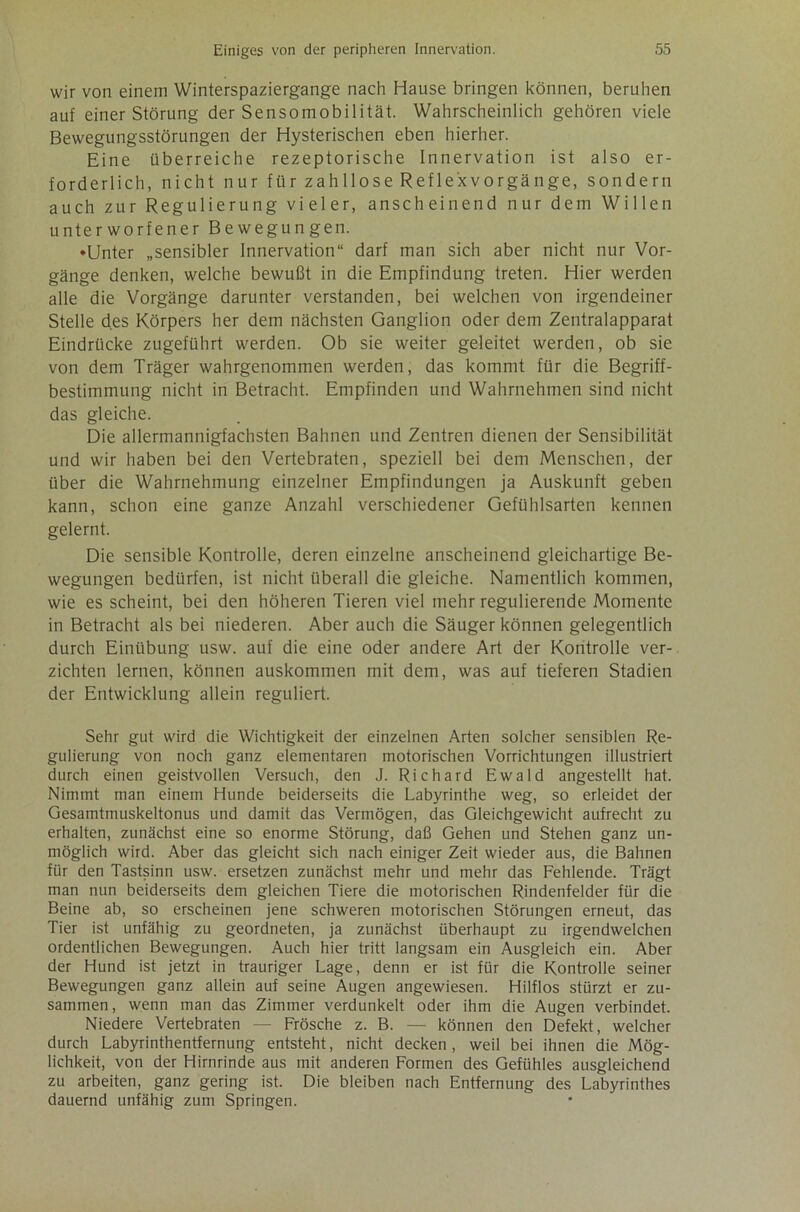 wir von einem Winterspaziergange nach Hause bringen können, beruhen auf einer Störung der Sensomobilität. Wahrscheinlich gehören viele Bewegungsstörungen der Hysterischen eben hierher. Eine überreiche rezeptorische Innervation ist also er- forderlich, nicht nur für zahllose Reflexvorgänge, sondern auch zur Regulierung vieler, anscheinend nur dem Willen unterworfener Bewegungen. •Unter „sensibler Innervation“ darf man sich aber nicht nur Vor- gänge denken, welche bewußt in die Empfindung treten. Hier werden alle die Vorgänge darunter verstanden, bei welchen von irgendeiner Stelle des Körpers her dem nächsten Ganglion oder dem Zentralapparat Eindrücke zugeführt werden. Ob sie weiter geleitet werden, ob sie von dem Träger wahrgenommen werden, das kommt für die Begriff- bestimmung nicht in Betracht. Empfinden und Wahrnehmen sind nicht das gleiche. Die allermannigfachsten Bahnen und Zentren dienen der Sensibilität und wir haben bei den Vertebraten, speziell bei dem Menschen, der über die Wahrnehmung einzelner Empfindungen ja Auskunft geben kann, schon eine ganze Anzahl verschiedener Gefühlsarten kennen gelernt. Die sensible Kontrolle, deren einzelne anscheinend gleichartige Be- wegungen bedürfen, ist nicht überall die gleiche. Namentlich kommen, wie es scheint, bei den höheren Tieren viel mehr regulierende Momente in Betracht als bei niederen. Aber auch die Säuger können gelegentlich durch Einübung usw. auf die eine oder andere Art der Kontrolle ver- zichten lernen, können auskommen mit dem, was auf tieferen Stadien der Entwicklung allein reguliert. Sehr gut wird die Wichtigkeit der einzelnen Arten solcher sensiblen Re- gulierung von noch ganz elementaren motorischen Vorrichtungen illustriert durch einen geistvollen Versuch, den J. Richard Ewald angestellt hat. Nimmt man einem Hunde beiderseits die Labyrinthe weg, so erleidet der Gesamtmuskeltonus und damit das Vermögen, das Gleichgewicht aufrecht zu erhalten, zunächst eine so enorme Störung, daß Gehen und Stehen ganz un- möglich wird. Aber das gleicht sich nach einiger Zeit wieder aus, die Bahnen für den Tastsinn usw. ersetzen zunächst mehr und mehr das Fehlende. Trägt man nun beiderseits dem gleichen Tiere die motorischen Rindenfelder für die Beine ab, so erscheinen jene schweren motorischen Störungen erneut, das Tier ist unfähig zu geordneten, ja zunächst überhaupt zu irgendwelchen ordentlichen Bewegungen. Auch hier tritt langsam ein Ausgleich ein. Aber der Hund ist jetzt in trauriger Lage, denn er ist für die Kontrolle seiner Bewegungen ganz allein auf seine Augen angewiesen. Hilflos stürzt er zu- sammen, wenn man das Zimmer verdunkelt oder ihm die Augen verbindet. Niedere Vertebraten — Frösche z. B. — können den Defekt, welcher durch Labyrinthentfernung entsteht, nicht decken, weil bei ihnen die Mög- lichkeit, von der Hirnrinde aus mit anderen Formen des Gefühles ausgleichend zu arbeiten, ganz gering ist. Die bleiben nach Entfernung des Labyrinthes dauernd unfähig zum Springen.