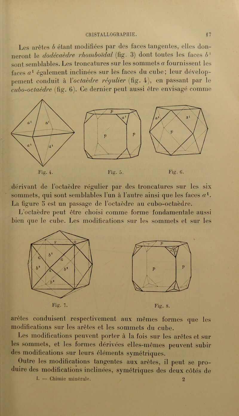 Les arêtes b étant modifiées par des faces tangentes, elles don- neront le dodécaèdre rhomboïdal (fig. 3) dont toutes les faces b1 sont semblables. Les troncatures sur les sommets a fournissent les faces a1 également inclinées sur les faces du cube; leur dévelop- pement conduit à Voctaèdre régulier (fig. 4), en passant par le cubo-octaèdre (fig. 6). Ce dernier peut aussi être envisagé comme Fig. 5. Fig. 6. dérivant de l'octaèdre régulier par des troncatures sur les six sommets, qui sont semblables l’un à l'autre ainsi que les faces a1. La figure 5 est un passage de l’octaèdre au cubo-octaèdre. L'octaèdre peut être choisi comme forme fondamentale aussi bien que le cube. Les modifications sur les sommets et sur les arêtes conduisent respectivement aux mêmes formes que les modifications sur les arêtes et les sommets du cube. Les modifications peuvent porter à la fois sur les arêtes et sur les sommets, et les formes dérivées elles-mêmes peuvent subir des modifications sur leurs éléments symétriques. Outre les modifications tangentes aux arêtes, il peut se pro- duire des modifications inclinées, symétriques des deux côtés de I. — Chimie minérale. 2