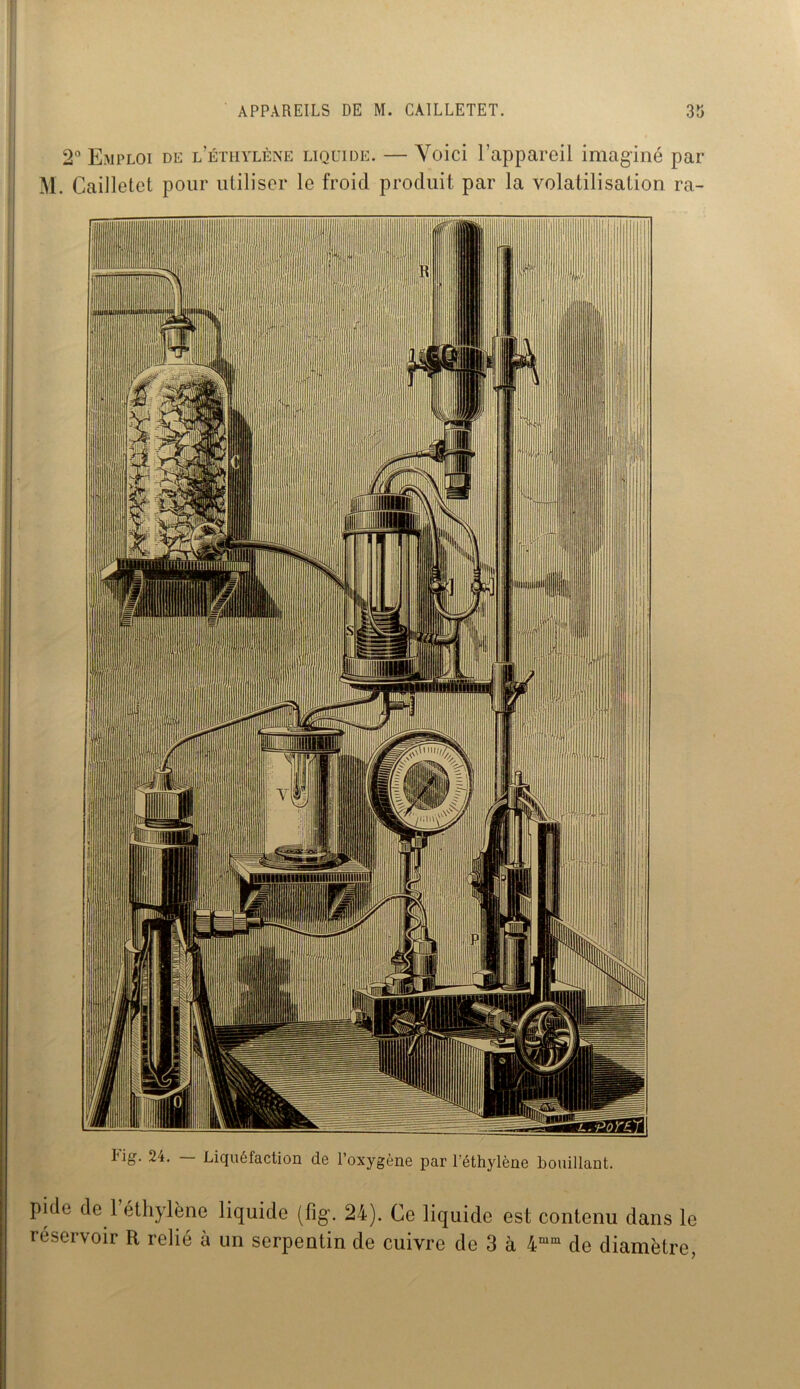 2° Emploi de l’éthylène liquide. — Voici l’appareil imaginé par M. Cailletet pour utiliser le froid produit par la volatilisation ra- I'ig. 24. Liquéfaction de l’oxygène par l’éthylène bouillant. pide de 1 éthylène liquide (fig\ 24). Ce liquide est contenu dans le réservoir R relié à un serpentin de cuivre de 3 à 4mm de diamètre,