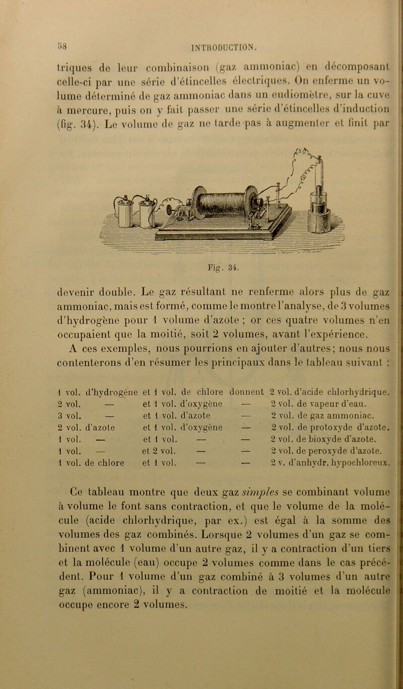 triques de leur combinaison (gaz ammoniac) en décomposant celle-ci par une série d’étincelles électriques. On enferme un vo- à mercure, puis on y fait passer une série d’étincelles d’induction (fig. 34). Le volume de gaz ne tarde pas à augmenter et finit par Fig. 34. devenir double. Le gaz résultant ne renferme alors plus de gaz ammoniac, mais est formé, comme le montre l’analyse, de 3 volumes d’hydrogène pour 1 volume d’azote ; or ces quatre volumes n’en occupaient que la moitié, soit 2 volumes, avant l’expérience. A ces exemples, nous pourrions en ajouter d’autres; nous nous contenterons d’en résumer les principaux dans le tableau suivant : I vol. d’hydrogène et i vol. de chlore donnent 2 vol. d’acide chlorhydrique. 2 vol. 3 vol. — 2 vol. d’azote 1 vol. — 1 vol. 1 vol. de chlore et 1 vol. d’oxygène et 1 vol. d’azote et 1 vol. d’oxygène et 1 vol. — et 2 vol. — et 1 vol. — 2 vol. de vapeur d’eau. 2 vol. de gaz ammoniac. 2 vol. de protoxyde d’azote. 2 vol. de bioxyde d’azote. 2 vol. de peroxyde d’azote. 2 v. d'anhydr. hypochloreux. Ce tableau montre que deux gaz simples se combinant volume à volume le font sans contraction, et que le volume de la molé- cule (acide chlorhydrique, par ex.) est égal à la somme des volumes des gaz combinés. Lorsque 2 volumes d'un gaz se com- binent avec 1 volume d’un autre gaz, il y a contraction d’un tiers et la molécule (eau) occupe 2 volumes comme dans le cas précé- dent. Pour 1 volume d’un gaz combiné à 3 volumes d’un autre gaz (ammoniac), il y a contraction de moitié et la molécule occupe encore 2 volumes.