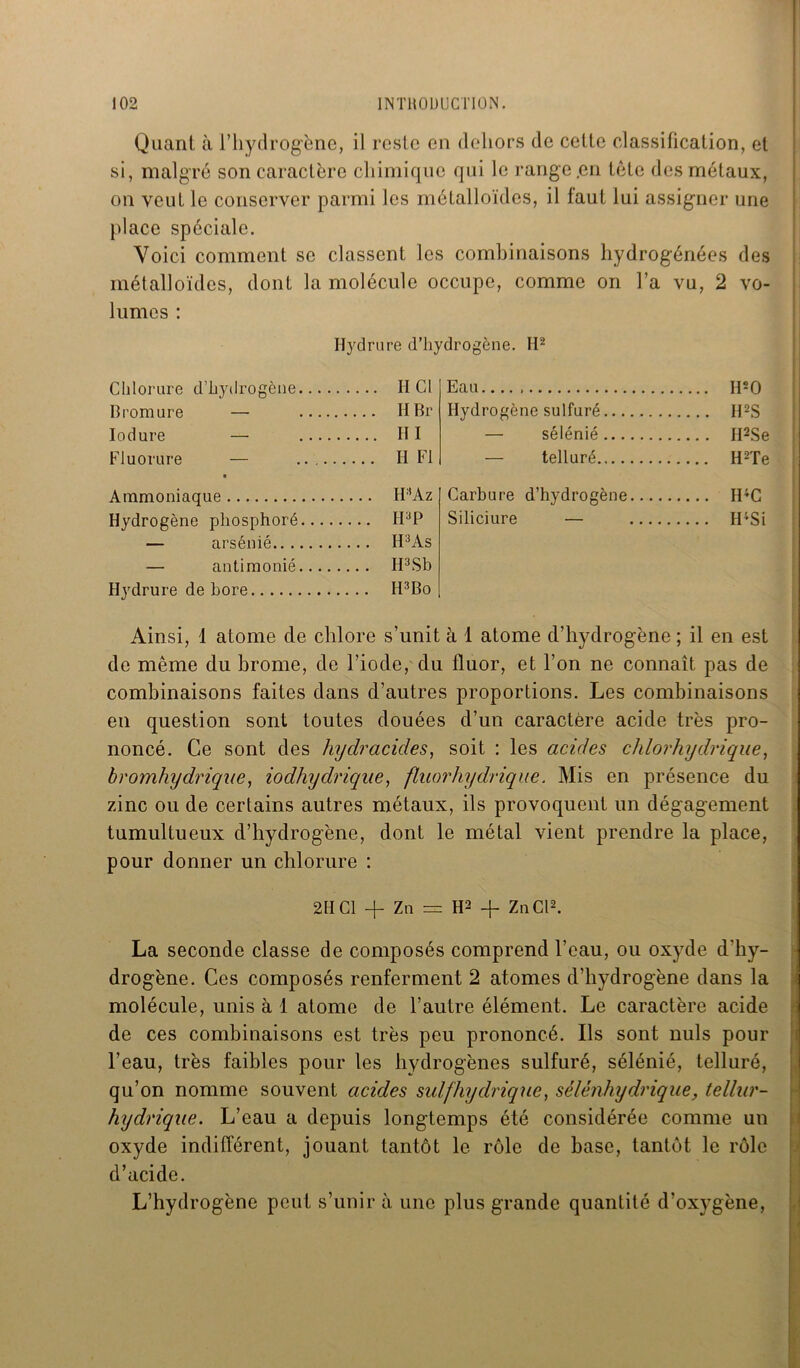 Quant à l’hydrogène, il reste en dehors de cette classification, et si, malgré son caractère chimique qui le range .en tête des métaux, on veut le conserver parmi les métalloïdes, il faut lui assigner une place spéciale. Voici comment se classent les combinaisons hydrogénées des métalloïdes, dont la molécule occupe, comme on l’a vu, 2 vo- lumes : Hydrure d’hydrogène. H2 Chlorure d’hydrogène TI Cl Bromure — H Br Iodure — Il I Fluorure — TI Fl ■ Ammoniaque TFAz Hydrogène phosphoré II3P — arsénié H3As — antimonié TI3Sb Hydrure de bore H3Bo Eau H2 O Hydrogène sulfuré H2S — sélénié H2Se — telluré H2Te Carbure d’hydrogène H4C Siliciure — H4Si Ainsi, 1 atome de chlore s’unit à 1 atome d’hydrogène ; il en est de même du brome, de l’iode, du fluor, et l’on ne connaît pas de combinaisons faites dans d’autres proportions. Les combinaisons en question sont toutes douées d’un caractère acide très pro- noncé. Ce sont des hydracides, soit : les acides chlorhydrique, bromhydrique, iodhyclrique, fluorhydrique. Mis en présence du zinc ou de certains autres métaux, ils provoquent un dégagement tumultueux d’hydrogène, dont le métal vient prendre la place, pour donner un chlorure : 2H Cl + Zn = H2 -f- Zn Cl2. La seconde classe de composés comprend l’eau, ou oxyde d'hy- drogène. Ces composés renferment 2 atomes d’hydrogène dans la molécule, unis à 1 atome de l’autre élément. Le caractère acide de ces combinaisons est très peu prononcé. Ils sont nuis pour l’eau, très faibles pour les hydrogènes sulfuré, sélénié, telluré, qu’on nomme souvent acides suif hydrique, sèlénhydrique, tellur- hydrique. L’eau a depuis longtemps été considérée comme un oxyde indifférent, jouant tantôt le rôle de base, tantôt le rôle d’acide. L’hydrogène peut s’unir à une plus grande quantité d’oxygène,