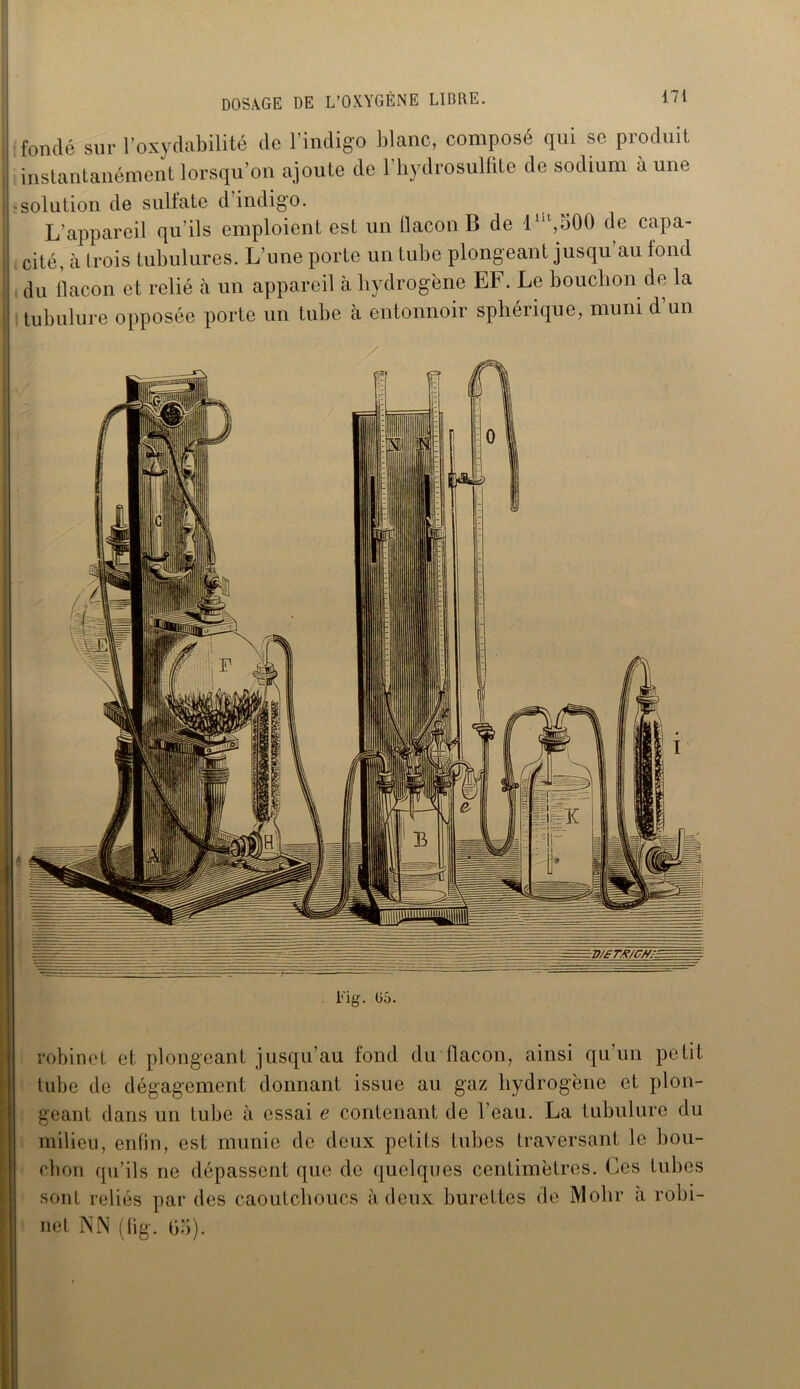 fondé sur l’oxydabilité de l’indigo blanc, composé qui sc produit instantanément lorsqu’on ajoute de 1 hydrosulfite de sodium à une solution de sulfate d’indigo. L’appareil qu’ils emploient est un flacon B de 1 lll,500 de capa- cité, à trois tubulures. L’une porte un tube plongeant jusqu’au fond du flacon et relié a un appareil à hydrogène EF. Le bouchon de la tubulure opposée porte un tube à entonnoir sphérique, muni d un Fig. Gô. robinet et plongeant jusqu’au fond du flacon, ainsi qu’un petit tube de dégagement donnant issue au gaz hydrogène et plon- geant dans un tube à essai e contenant de l’eau. La tubulure du milieu, enfin, est munie de deux petits tubes traversant le bou- chon qu’ils ne dépassent que de quelques centimètres. Ces tubes sont reliés par des caoutchoucs à deux burettes de Mohr a robi- net NN (dig. 65).