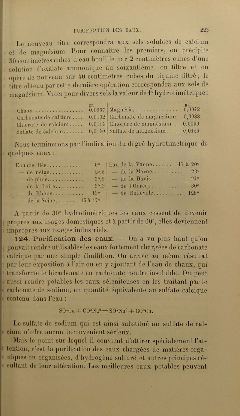 Le nouveau titre correspondra aux sels solubles de calcium et de magnésium. Pour connaître les premiers, on précipite 50 centimètres cubes d’eau bouillie par 2 centimètres cubes d’une solution d’oxalate ammonique au soixantième, on filtre et on opère de nouveau sur 40 centimètres cubes du liquide filtré; le titre obtenu par cette dernière opération correspondra aux sels de magnésium. Voici pour divers sels la valeur de Lhydrotimétrique : g*'- Magnésie gr- Chaux * . 0,0057 0,0042 Carbonate de calcium... . 0,0102 Carbonate de magnésium. 0,0088 Chlorure de calcium . 0,0114 Chlorure de magnésium .. 0,0090 Sulfate de calcium . 0,0140 Sulfate de magnésium 0,0125 Nous terminerons par quelques eaux : l’indication du degré liydrotimétrique Eau distillée 0° Eau de la Vanne 17 à 20° — de neige 2°,5 — de la Marne .. 23° . — de pluie 3°,5 -— de la Dhuis 24° — de la Loire . • 5°,5 de l’Ourcq co O O — du Rhône — de la Seine 15° 13 à 17° — de Belle ville . 128° A partir de 30° hydrotimétriques les eaux cessent de devenir propres aux usages domestiques et à partir de 60°, elles deviennent impropres aux usages industriels. 124. Purification des eaux. — On a vu plus haut qu’on pouvait rendre utilisables les eaux fortement chargées de carbonate calcique par une simple ébullition. On arrive au même résultat par leur exposition à l’air ou en y ajoutant de l’eau de cliaux, qui transforme le bicarbonate en carbonate neutre insoluble. On peut aussi rendre potables les eaux séléniteuses en les traitant par le i carbonate de sodium, en quantité équivalente au sulfate calcique contenu dans l'eau : SO;Ca + C03Na2 = SCRNa2 + C03Ca. Le sulfate de sodium qui est ainsi substitué au sulfate de cal- cium n’offre aucun inconvénient sérieux. Mais le point sur lequel il convient d’attirer spécialement l’at- tention, c’est la purification des eaux chargées de matières orga- niques ou organisées, d’hydrogène sulfuré et autres principes ré- sultant de leur altération. Les meilleures eaux potables peuvent