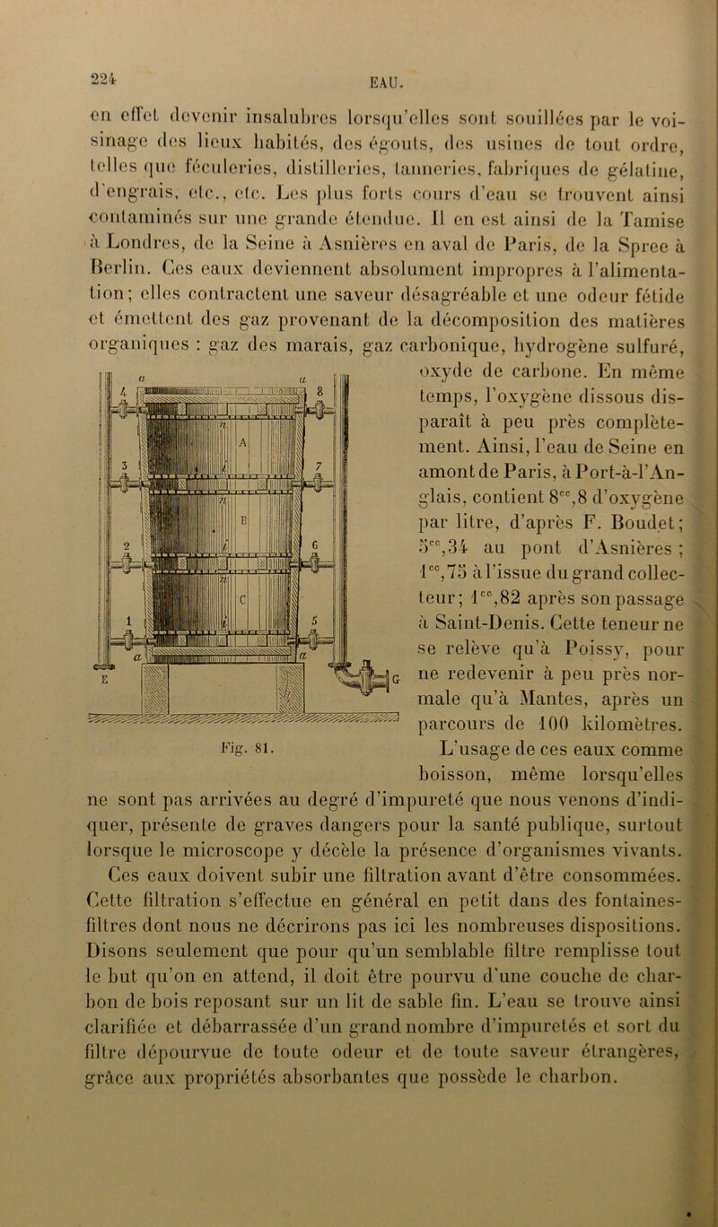 en effet devenir insalubres lorsqu’elles sont souillées par le voi- sinage des lieux habités, des égouts, des usines de tout ordre, telles que féculeries, distilleries, tanneries, fabriques de gélatine, d’engrais, etc., etc. Les plus forts cours d’eau se trouvent ainsi contaminés sur une grande étendue. Il en est ainsi de la Tamise à Londres, de la Seine à Asnières en aval de Paris, de la Spree à Berlin. Ces eaux deviennent absolument impropres à l’alimenta- tion; elles contractent une saveur désagréable et une odeur fétide et émettent des gaz provenant de la décomposition des matières organiques : gaz des marais, gaz carbonique, hydrogène sulfuré, oxyde de carbone. En même temps, l’oxygène dissous dis- paraît à peu près complète- ment. Ainsi, l’eau de Seine en amont de Paris, à Port-à-FAn- glais, contient 8CC,8 d’oxygène par litre, d’après F. Boudet; occ,3i au pont d’Asnières ; lcc,75 à l’issue du grand collec- teur; lcc,82 après son passage à Saint-Denis. Cette teneur ne se relève qu’à Poissy, pour ne redevenir à peu près nor- male qu’à Mantes, après un parcours de 100 kilomètres. L’usage de ces eaux comme boisson, même lorsqu’elles ne sont pas arrivées au degré d’impureté que nous venons d’indi- quer, présente de graves dangers pour la santé publique, surtout lorsque le microscope y décèle la présence d’organismes vivants. Ces eaux doivent subir une filtration avant d’être consommées. Cette filtration s’effectue en général en petit dans des fontaines- filtres dont nous ne décrirons pas ici les nombreuses dispositions. Disons seulement que pour qu’un semblable filtre remplisse tout le but qu’on en attend, il doit être pourvu d'une couche de char- bon de bois reposant sur un lit de sable fin. L'eau se trouve ainsi clarifiée et débarrassée d’un grand nombre d’impuretés et sort du filtre dépourvue de toute odeur et de toute saveur étrangères, grâce aux propriétés absorbantes que possède le charbon. Fig. si.