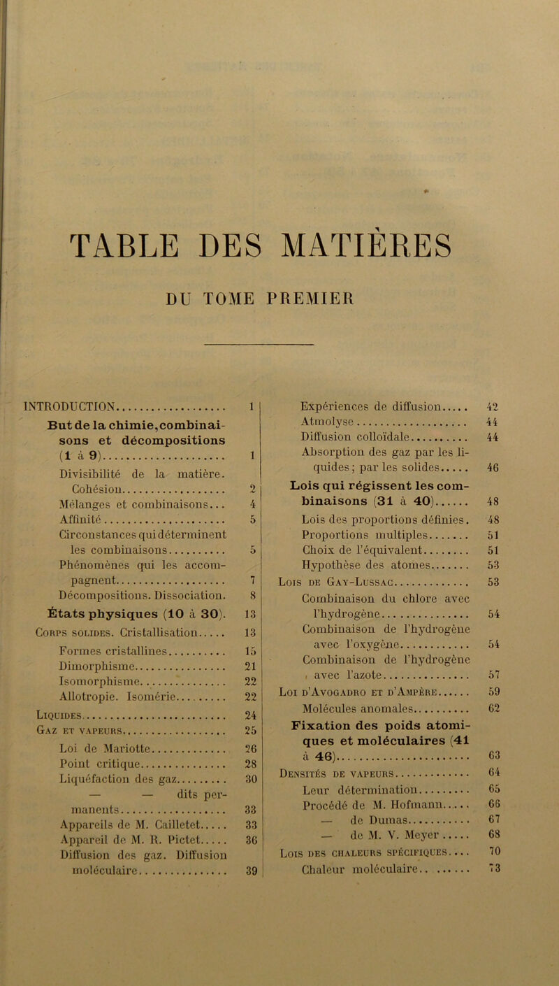 * TABLE DES MATIÈRES DU TOME PREMIER INTRODUCTION 1 But de la chimie,combinai- sons et décompositions (1 à 9) 1 Divisibilité de la matière. Cohésion 2 Mélanges et combinaisons... 4 Affinité 5 Circonstances qui déterminent les combinaisons 5 Phénomènes qui les accom- pagnent 7 Décompositions. Dissociation. 8 États physiques (10 à 30). 13 Corps solides. Cristallisation 13 Formes cristallines 15 Dimorphisme 21 Isomorphisme 22 Allotropie. Isoméric 22 Liquides 24 Gaz et vapeurs 25 Loi de Mariotte 26 Point critique 28 Liquéfaction des gaz 30 — — dits per- manents 33 Appareils de M. Cailletet 33 Appareil de M. R. Pictet 36 Diffusion des gaz. Diffusion moléculaire 39 Expériences de diffusion 42 Atmolyse 44 Diffusion colloïdale 44 Absorption des gaz par les li- quides ; par les solides 46 Lois qui régissent les com- binaisons (31 à 40) 48 Lois des proportions définies. 48 Proportions multiples 51 Choix de l’équivalent 51 Hypothèse des atomes 53 Lois de Gay-Lussac 53 Combinaison du chlore avec l’hydrogène 54 Combinaison de l’hydrogène avec l’oxjrgène 54 Combinaison de l’hydrogène i avec l’azote 57 Loi d’Avogadro et d’Ampère 59 Molécules anomales 62 Fixation des poids atomi- ques et moléculaires (41 à 46) 63 Densités de vapeurs 64 Leur détermination 65 Procédé de M. Hofmann 66 — de Dumas 67 — de M. V. Meyer 68 LOIS DES CHALEURS SPÉCIFIQUES 70 Chaleur moléculaire 73