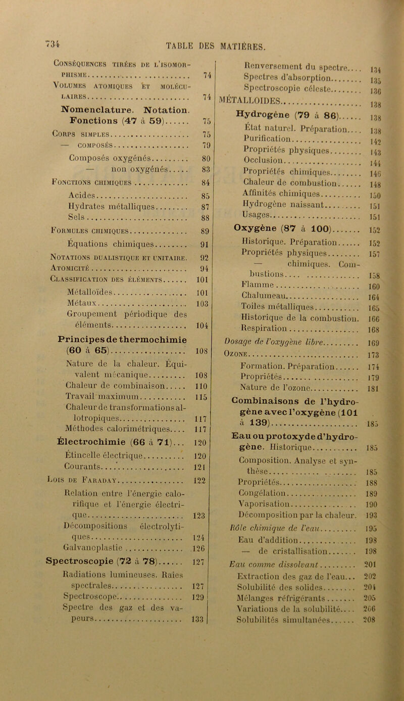 Conséquences tirées de l'jsomor- PIIISME Volumes atomiques et molécu- laires Nomenclature. Notation. Fonctions (47 à 59) Corps simples — COMPOSÉS Composés oxygénés non oxygénés Fonctions chimiques Acides Hydrates métalliques Sels Formules chimiques Équations chimiques Notations dualistique et unitaire. Atomicité Classification des éléments Métalloïdes Métaux Groupement périodique des éléments Principes de thermochimie (60 à 65) Nature de la chaleur. Équi- valent mécanique Chaleur de combinaison Travail maximum Chaleur de transformations al- lotropiques Méthodes calorimétriques Électrochimie (66 à 71)... Étincelle électrique Courants ’ Lois de Faraday Relation entre l’énergie calo- rifique et l’énergie électri- que Décompositions électrolyti- ques Galvanoplastie Spectroscopie (72 à 78) Radiations lumineuses. Raies spectrales Spectroscope Spectre des gaz et des va- peurs Renversement du spectre.... 134 Spectres d’absorption jg* Spectroscopie céleste j36 MÉTALLOÏDES ,38 Hydrogène (79 à 86) j38 État naturel. Préparation.... 13» Purification u.> Propriétés physiques 143 Occlusion 14 j Propriétés chimiques 145 Chaleur de combustion 143 Affinités chimiques jjo Hydrogène naissant 151 Usages ]5I Oxygène (87 à 100) 152 Historique. Préparation 152 Propriétés physiques 157 — chimiques. Com- bustions 158 Flamme jgo Chalumeau 164 Toiles métalliques 165 Historique de la combustion. 166 Respiration 168 Dosage de l’oxygène libre 169 Ozone 173 Formation. Préparation 174 Propriétés 179 Nature de l’ozone 181 Combinaisons de l’hydro- gène avec l’oxygène (101 à 139) 185 Eau ou protoxyde d’hydro- gène. Historique 185 Composition. Analyse et syn- thèse 185 Propriétés 188 Congélation 189 Vaporisation 190 Décomposition par la chaleur. 193 Voie chimique de Veau 195 Eau d’addition 198 — de cristallisation 198 Eau comme dissolvant 201 Extraction des gaz de l’eau... 202 Solubilité des solides 204 Mélanges réfrigérants 205 Variations de la solubilité 266 Solubilités simultanées 208 74 74 75 75 79 80 83 84 85 87 88 89 91 92 94 101 101 103 104 108 108 110 115 117 117 120 120 121 122 123 124 126 127 127 129 133