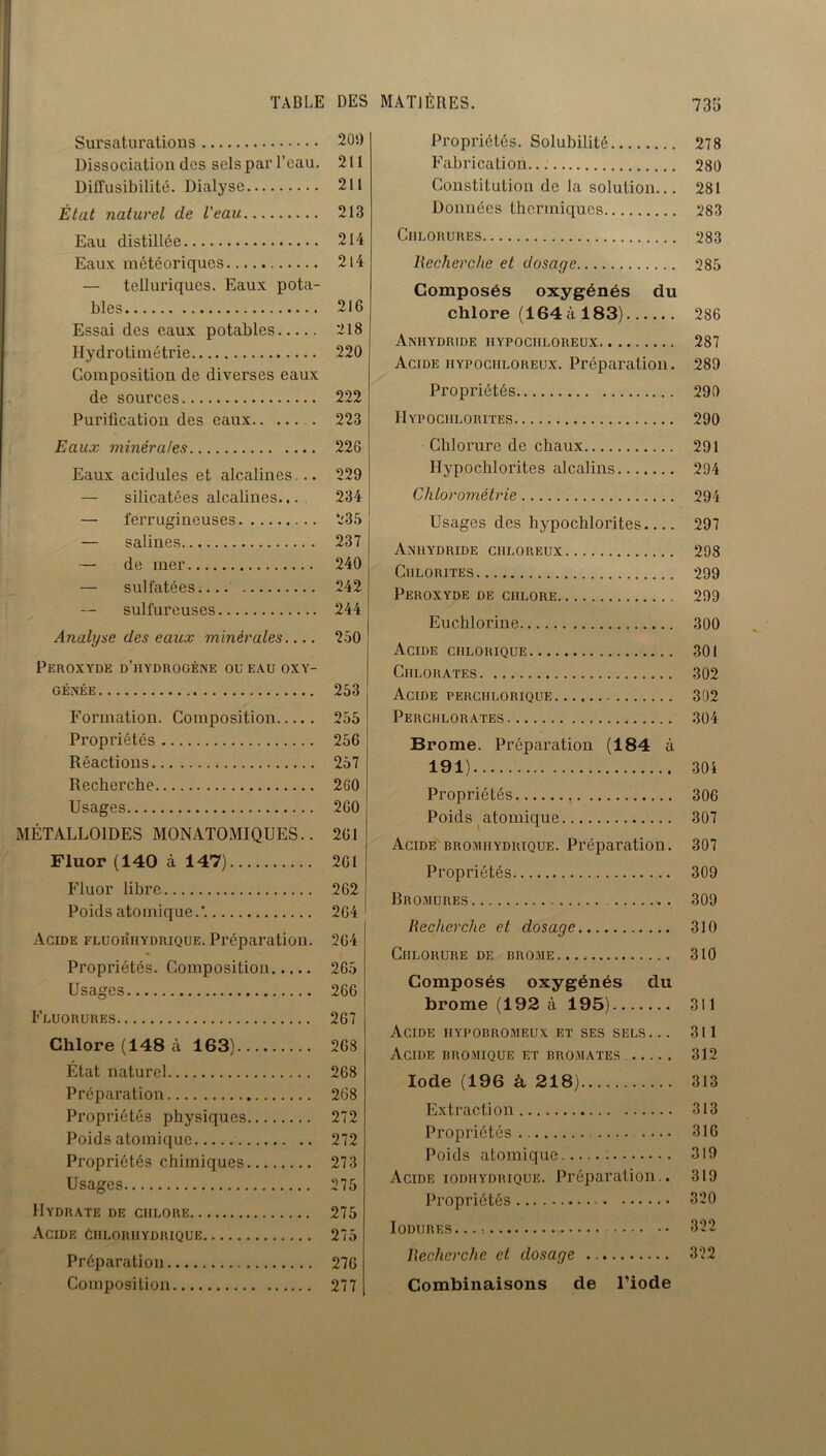 TABLE Sursaturations Dissociation des sels par l’eau. Diffusibilité. Dialyse État naturel de l'eau Eau distillée Eaux météoriques — telluriques. Eaux pota- bles Essai des eaux potables Hydrotimétrie Composition de diverses eaux de sources Purification des eaux . Eaux minérales Eaux acidulés et alcalines... — silicatées alcalines... — ferrugineuses — salines — de mer — sulfatées sulfureuses Analyse des eaux minérales Peroxyde d'hydrogène ou eau oxy- génée Formation. Composition Propriétés Réactions Recherche Usages MÉTALLOÏDES MONATOMIQUES.. Fluor (140 à 147) Fluor libre Poids atomique.’. Acide fluorhydrique. Préparation. Propriétés. Composition Usages Fluorures Chlore (148 à 163) État naturel Préparation Propriétés physiques Poids atomique Propriétés chimiques Usages Hydrate de chlore Acide Chlorhydrique Préparation Composition MATIÈRES. 735 Propriétés. Solubilité 278 Fabrication... 280 Constitution de la solution... 281 Données thermiques 283 Chlorures 283 Recherche et dosage 285 Composés oxygénés du chlore (164à 183) 286 Anhydride hypochloreux 287 Acide hypochloreux. Préparation. 289 Propriétés 290 IIypochlorites 290 Chlorure de chaux 291 Hypochlorites alcalins 294 Chlorométrie 294 Usages des hypochlorites 297 Anhydride chloreux 298 Chlorites 299 Peroxyde de chlore 299 Euchlorine 300 Acide chlorique 301 Chlorates 302 Acide perchlorique 392 Perchlorates 304 Brome. Préparation (184 à 191) 304 Propriétés 306 Poids atomique 307 Acide bromhydrique. Préparation. 307 Propriétés 309 Bromures 309 Recherche et dosage 310 Chlorure de rrome 310 Composés oxygénés du brome (192 à 195) 311 Acide hypobromeux et ses sels... 311 Acide bromique et bromates 312 Iode (196 à, 218) 313 Extraction 313 Propriétés .... 316 Poids atomique 319 Acide iodiiydrique. Préparation.. 319 Propriétés 320 Iodures . . . ; 322 Recherche et dosage 322 Combinaisons de l’iode DES 209 211 211 213 214 2l4 216 218 220 222 223 226 229 234 235 237 240 242 244 250 253 255 256 257 260 260 261 261 262 264 264 265 266 267 268 268 268 272 272 273 275 275 275 276 277