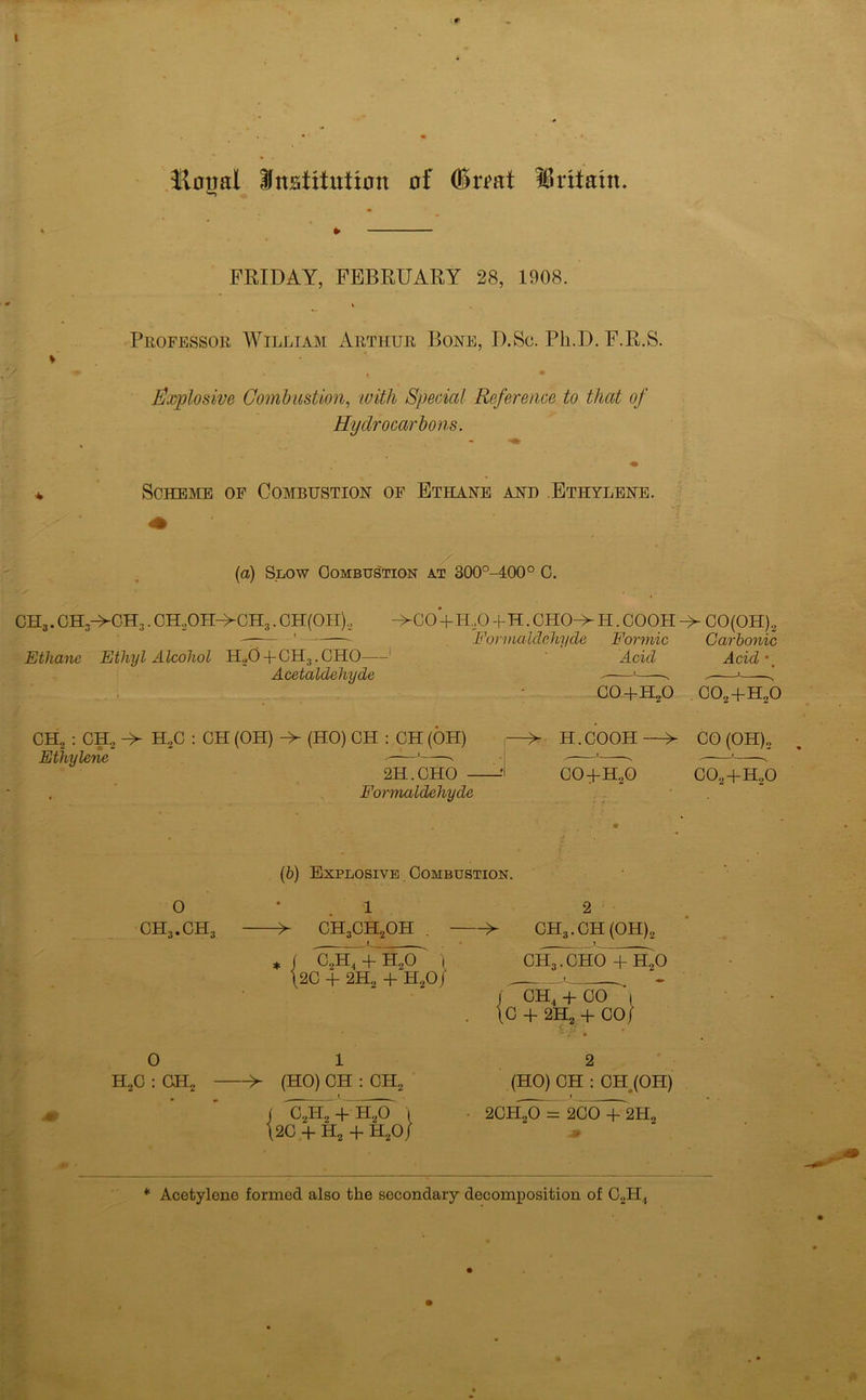 lloüal Hfnstttutîon üf ®ri>at IBritain. FRIDAY, FBBRUARY 28, 1908. Professoe AVilliam Arthur Bone, D.Sc. Pli.D.F.R.S. Éjyplosive Combustion, with Spécial Reference to tliat of Hydrocarbons. SoHEME OP Combustion of Ethane and Ethylene. (a) Slow OoMBUâTiON at 300°-400° C. CH3.0H3->0H3.0H,.0H^CH3 . CH(OII), ^GO+H,0 +H. CHO^ H. OOOH -> CO (OH), —— ' Formaldéhyde Formic Carbonic Ethane Ethyl Alcohol H,_,0 + CH3.CHO ' Acid Acid'^ Acetaldehyde ^ ' s , ■ C0+H,0 C02+H,0 CH, ; CH, -> H,C : CH (OH) -> (HO) CH : .CH (OH) Ethylene —' ' 2H.GHO - . Formaldéhyde -> H.COOH—> CO (OH), C0+H,0 C0,+H.,0 O CH3.CH3 (6) Explosive Combustion. -> CH3CH2OH . * ( C^+^H^Ô^ j \2C + 2H, + H,0/ ■> CH3.GH(0H), CH3.CHO+H,0 /^H,+'CÔ^\ \C + 2H, + CO/ O H,C : GH, ■> (HO) CH ; CH, f / C,H, + H,0 I \2C 4- H, + H,0/ (HO) OH : OH (OH) 2CH,0 =200 + 2H, * Acetylone formod also the secondary décomposition of C,H^ >