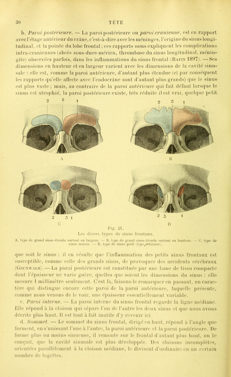 b. Paroi postérieure. — La paroi postérieure ou paroi crânienne, est en rapport, avec l’étage antérieur du crâne, c’est-à-dire avec les méninges, l’origine du sinus longi- tudinal, et la pointe du lobe frontal ; ces rapports nous expliquent les complications- intra-craniennes (abcès sous-dure-mérien, thrombose du sinus longitudinal, ménin- gite) observées parfois, dans les inflammations du sinus frontal (R a fin 1897). —Ses dimensions en hauteur et en largeur varient avec les dimensions de la cavité sinu- sale : elle est, comme la paroi antérieure, d’autant plus étendue (et par conséquent les rapports qu’elle affecte avec l’endocrâne sont d’autant plus grands) que le sinus est plus vaste ; mais, au contraire de la paroi antérieure qui fait défaut lorsque le sinus est atrophié, la paroi postérieure existe, très réduite il est vrai, quelque petit C D Fig. 21. Les divers types de sinus frontaux. A, type de grand sinus étendu surtout en largeur. — B, hpe de grand sinus étendu surtout en hauteur. — C, type de- sinus moyen. — D, type de sinus petit (type^orbitaire). que soit le sinus : il en résulte que l’inflammation des petits sinus frontaux est susceptible, comme celle des grands sinus, de provoquer des accidents cérébraux (Grunwald). — La paroi postérieure est constituée par une lame de tissu compacte dont l’épaisseur ne varie guère, quelles que soient les dimensions du sinus : elle mesure 1 millimètre seulement. C’est là, faisons-le remarquer en passant, un carac- tère qui distingue encore cette paroi de la paroi antérieure, laquelle présente, comme nous venons de le voir, une épaisseur essentiellement variable. c. Paroi interne. — La paroi interne du sinus frontal regarde la ligne médiane. Elle répond à la cloison qui sépare l’un de l’autre les deux sinus et que nous avons décrite plus haut. Il est tout à fait inutile d’y revenir ici. d. Sommet. — Le sommet du sinus frontal, dirigé en haut, répond à l’angle que forment, en s’unissant l’une à l’autre, la paroi antérieure et la paroi postérieure. De forme plus ou moins sinueuse, il remonte sur le frontal d’autant plus haut, on le conçoit, que la cavité sinusale est plus développée. Des cloisons incomplètes, orientées parallèlement à la cloison médiane, le divisent d’ordinaire en un certain nombre de logettes.